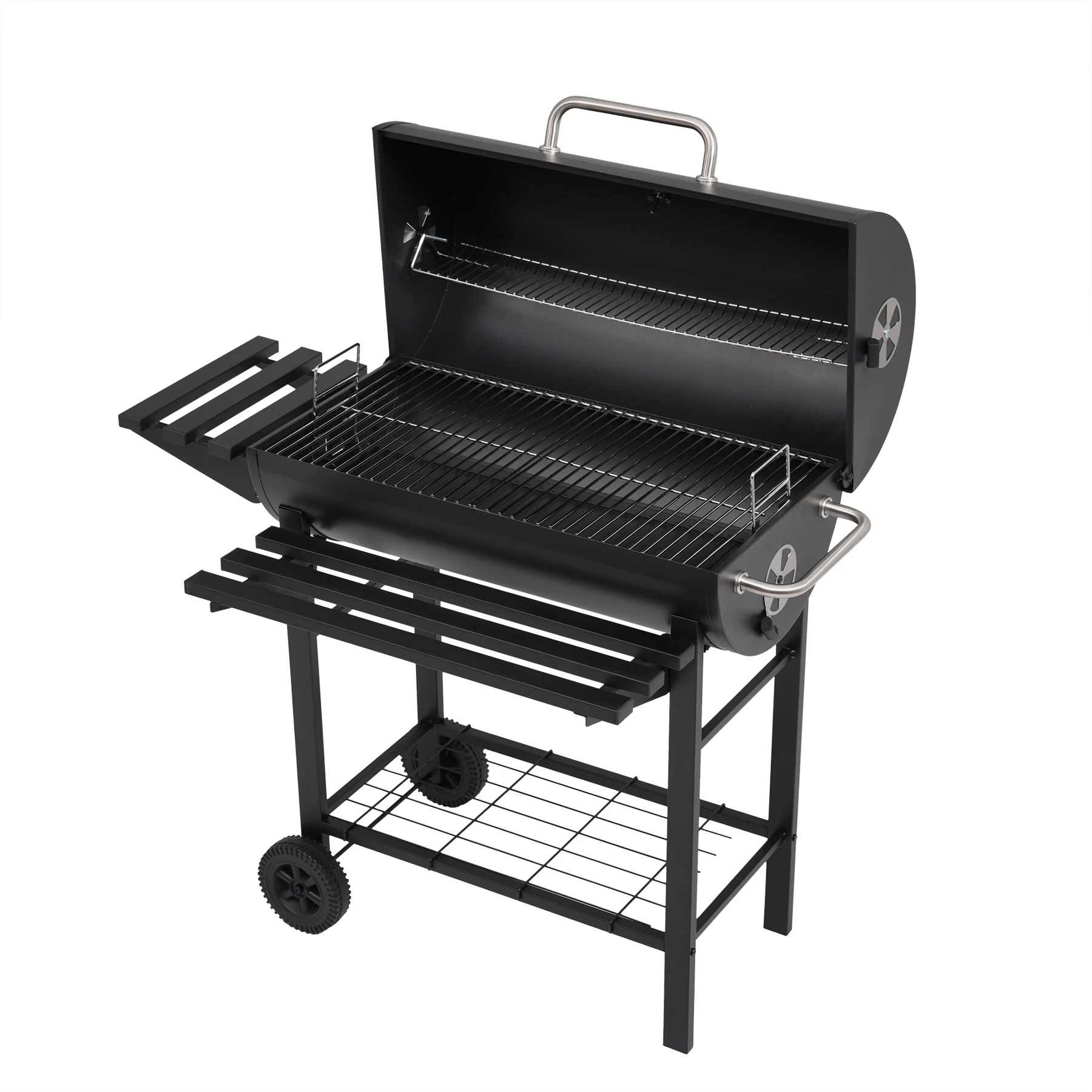 【レインカバー付き】バーベキューコンロ 焼き網 温度計 多用棚板 8-12人用 燻製 温度計で検温可能 BBQコンロ バレル式 バーベキュースタンド BBQスタンド バーベキューグリル BBQグリル BBQ 【ブラック】
