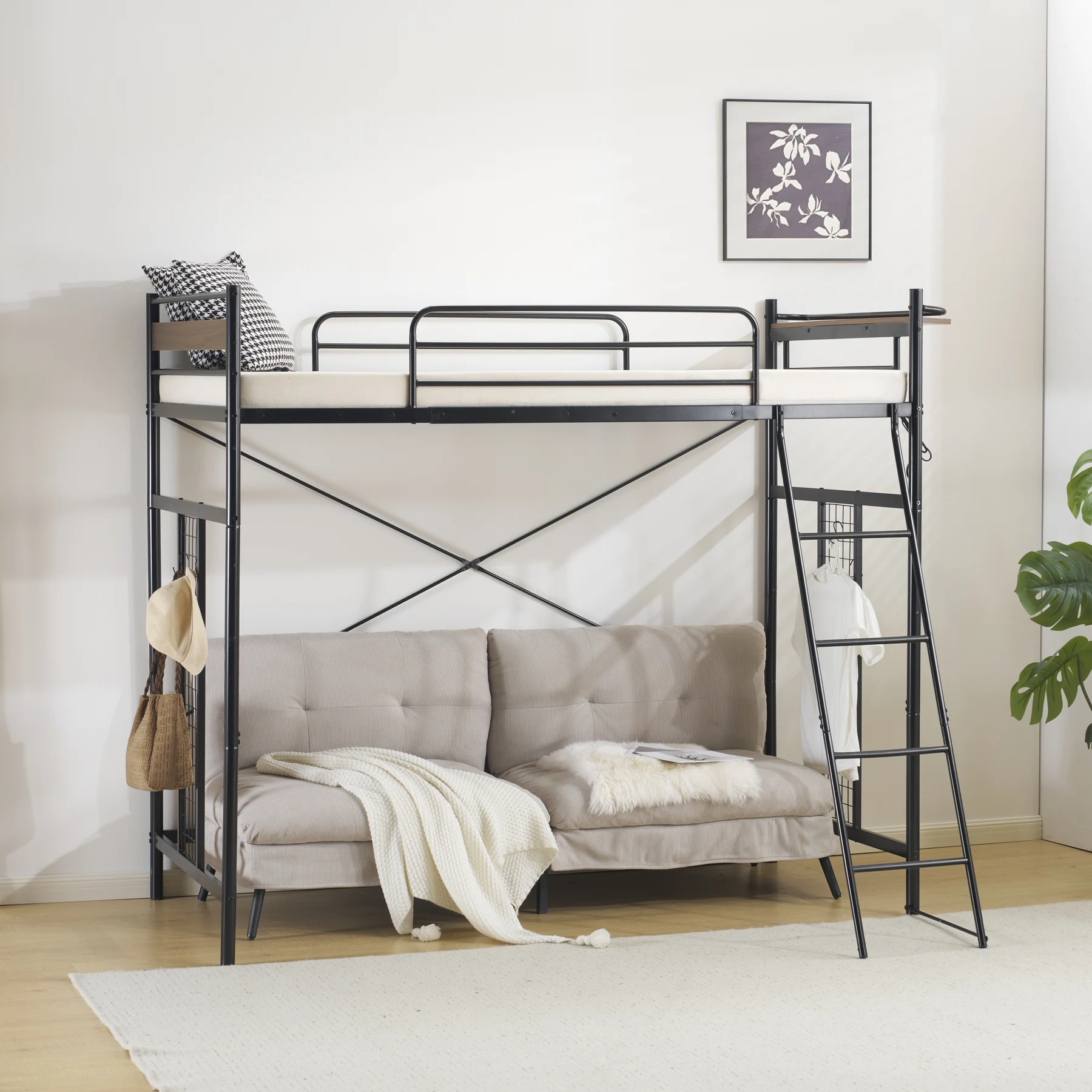 【ホワイト】システムベット 3WAYロフトベッド シングル 収納付き 北欧風 スチール 耐震 コンセント付き メッシュパネル付き 高さ3段階