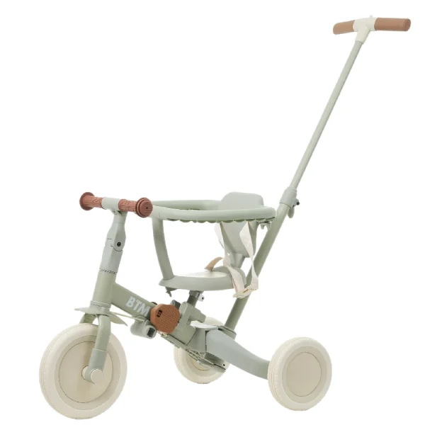 【MS295471 NEW COLOR:ベージュ×ミント】子供用三輪車 5in1 自転車 オリジナル 押し棒付き 安全バー付き キックボード