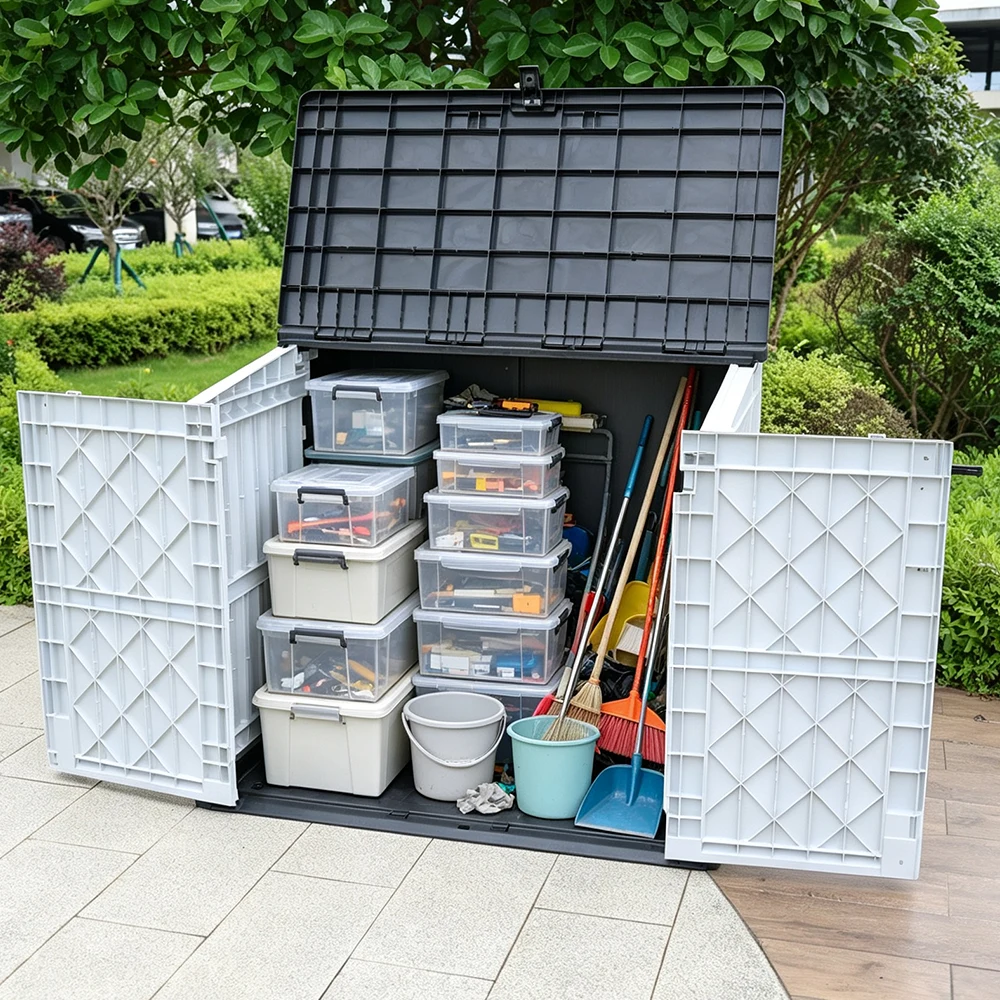【ブラック+ホワイト】880L 木目調 屋外収納 樹脂製 戸外収納庫 収納ボックス 置き配 ゴミ箱 小型 屋外 ストッカー 防水/耐侯 収納可能 ガーデン/庭/ベランダ 頑丈