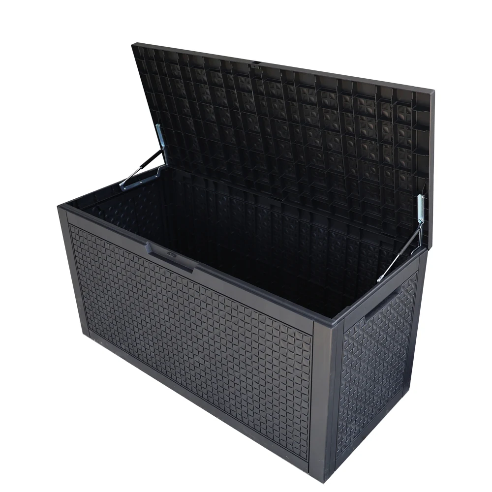 【ブラック 380L 123*54.5*62cm 油圧シリンダー付き】ダイヤモンド調 戸外収納庫 収納ボックス 置き配 ゴミ箱 小型 屋外 ストッカー 防水/耐侯 収納可能 ガーデン/庭/ベランダ 頑丈