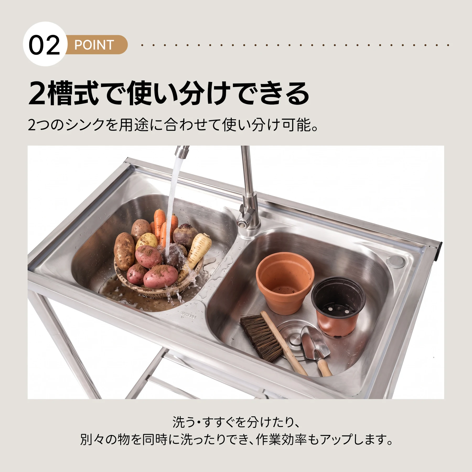 【二槽シンク】屋外 流し台ステンレス製 ガーデンシンク 作業台 キッチン 台所 屋外 簡易 シンク 組み立て簡単 収納棚付 庭 高さ調節 調理台 ガーデニング 庭 DIY 頑丈 新作【シルバー】