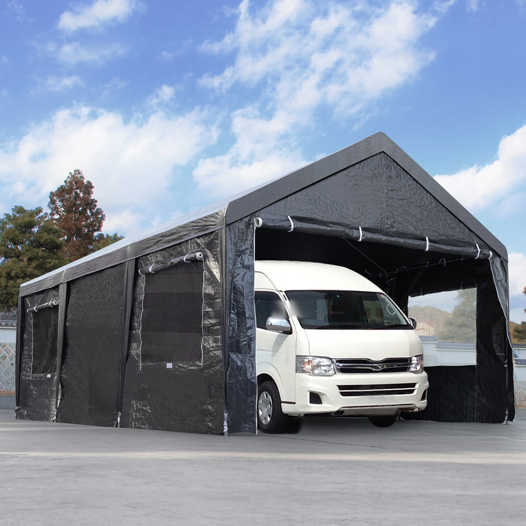 【UPF50+UVカット&防雨】テント 車庫テント ガレージテント 車庫 お祭り 倉庫 3.6×5.9×2.9m ガレージテント カーポート 軽自動車用 大型 車 駐車 スチール製 頑丈 仮設倉庫 タープテント【ブラック】