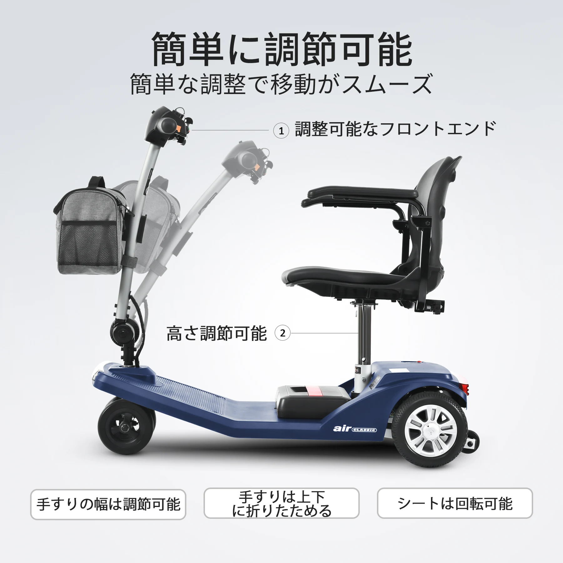 高齢者向けの電動モビリティスクーター,積載量は 120 KG、速度は 6 KM/H、走行距離は 15 KM、取り外し可能なリチウム バッテリー、アルミ合金フレーム、運転免許証は不要です-AIRCLASSIC BLUE