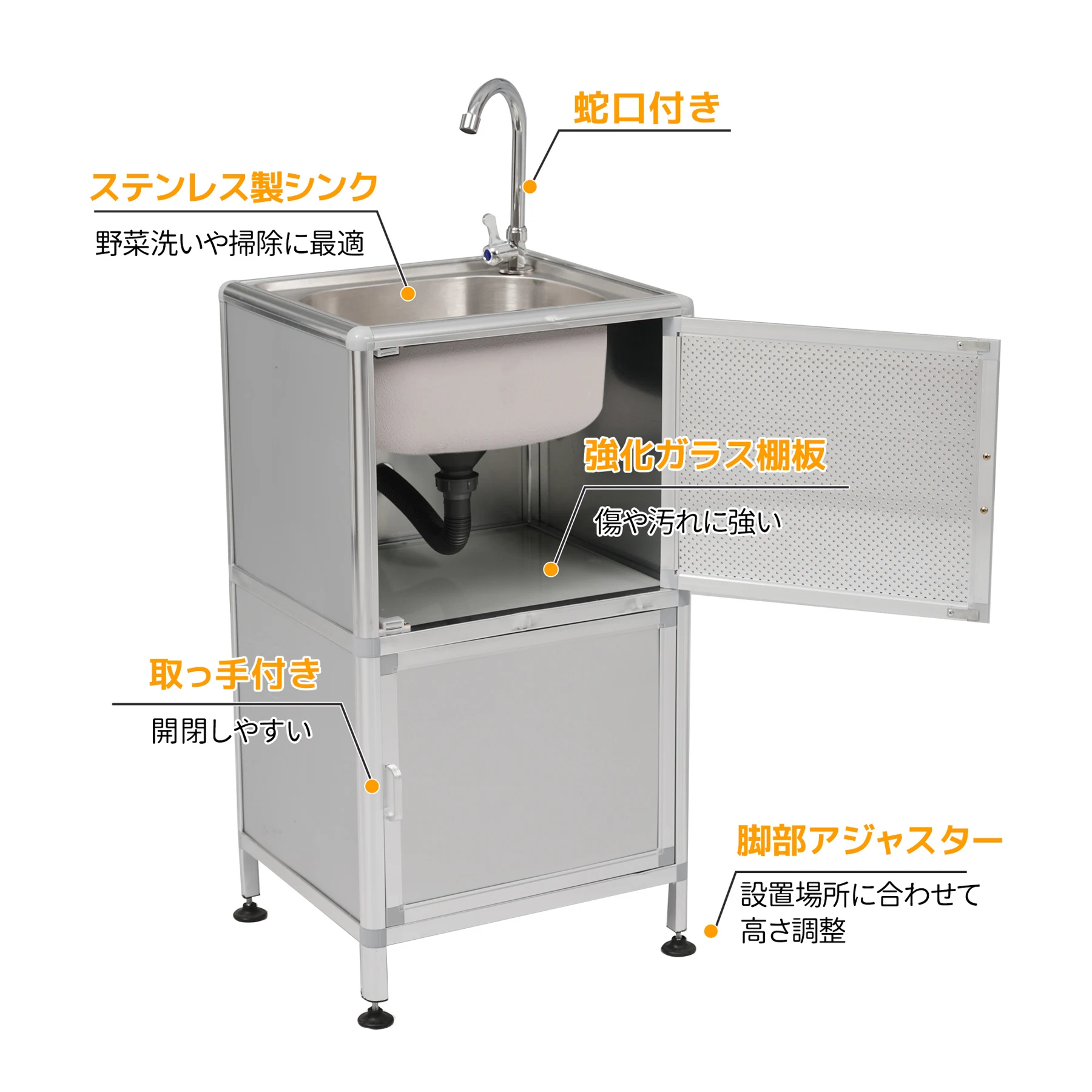 【囲い付きで便利】屋外 流し台 ステンレス W46×D35×H108cm ガーデンシンク 作業台 キッチン 台所 屋外 簡易 シンク 組み立て簡単 収納棚付 庭 高さ調節 調理台 ガーデニング 庭 DIY 頑丈 新作【木目調】
