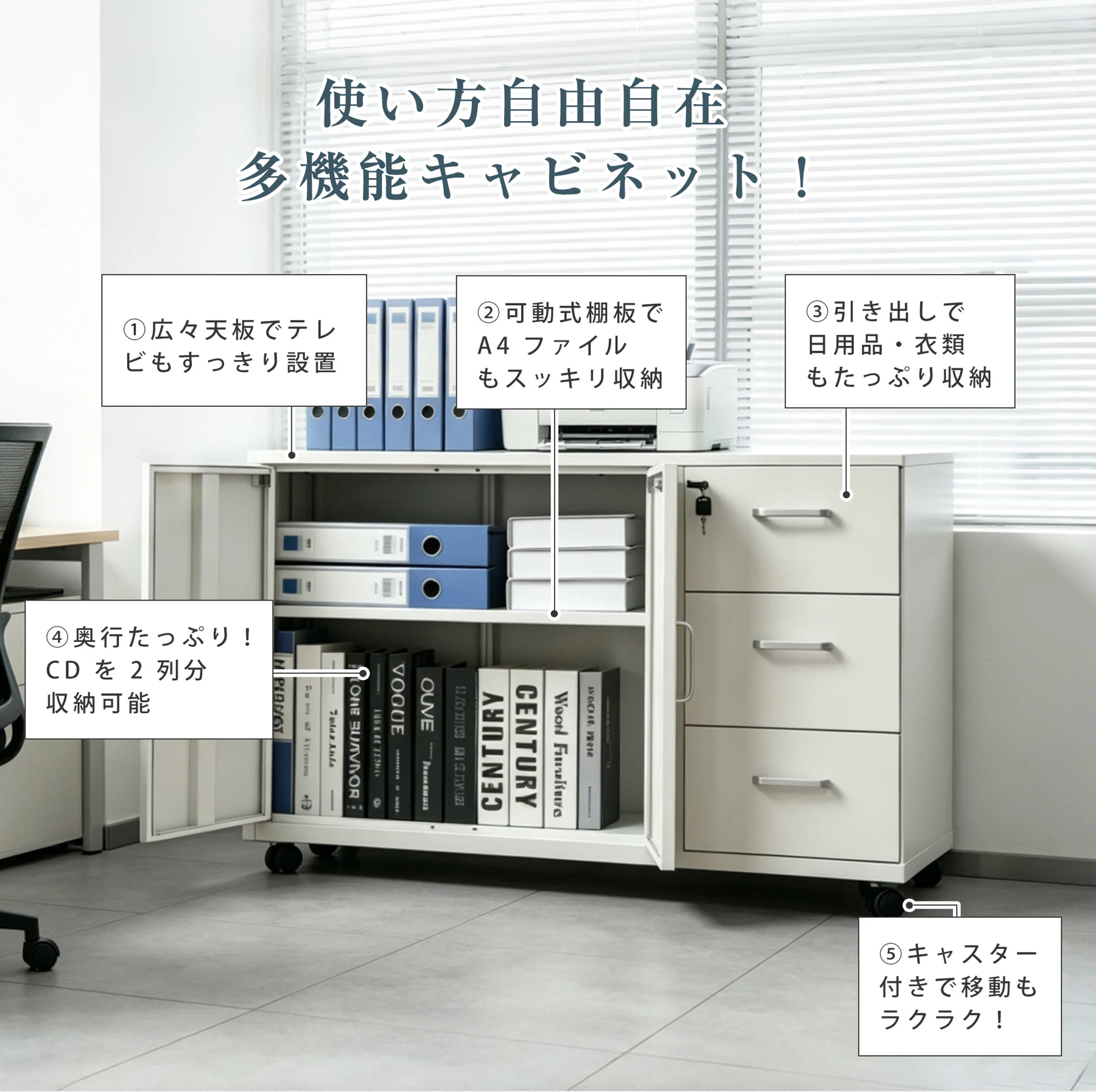 キャビネット スチール製 デスクワゴン 引き出し サイドボード チェスト 収納棚 リビングボード 両開き扉 大容量収納 テレビ台 作業台 間仕切りカウンター タンス 漫画 衣類 収納 おしゃれ リビング 寝室 ランドリーチェ 組立品