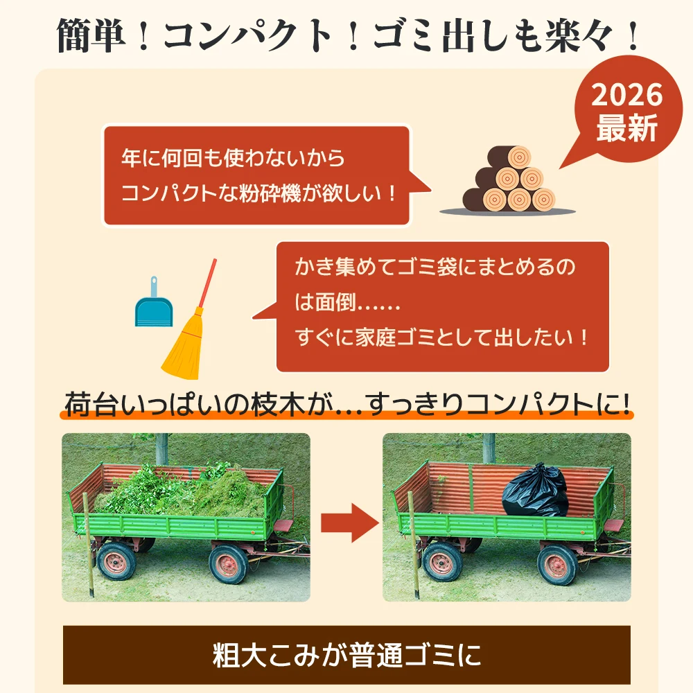 2026 新作 電動 ガーデンシュレッダー 枝 剪定 粉砕機 家庭用 強力 ウッドチッパー 45mm カッター式 押込み棒 ダストバッグ付