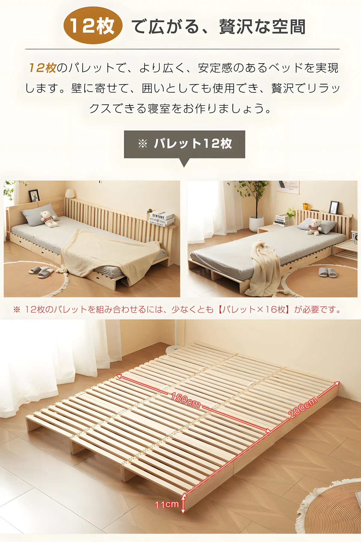 【パレットベッド×16枚+パベッドボード*4】パレットベッド 天然木 すのこベッド ローベッド 木製 おしゃれ お掃除ロボット対応 分割 ベッドフレーム