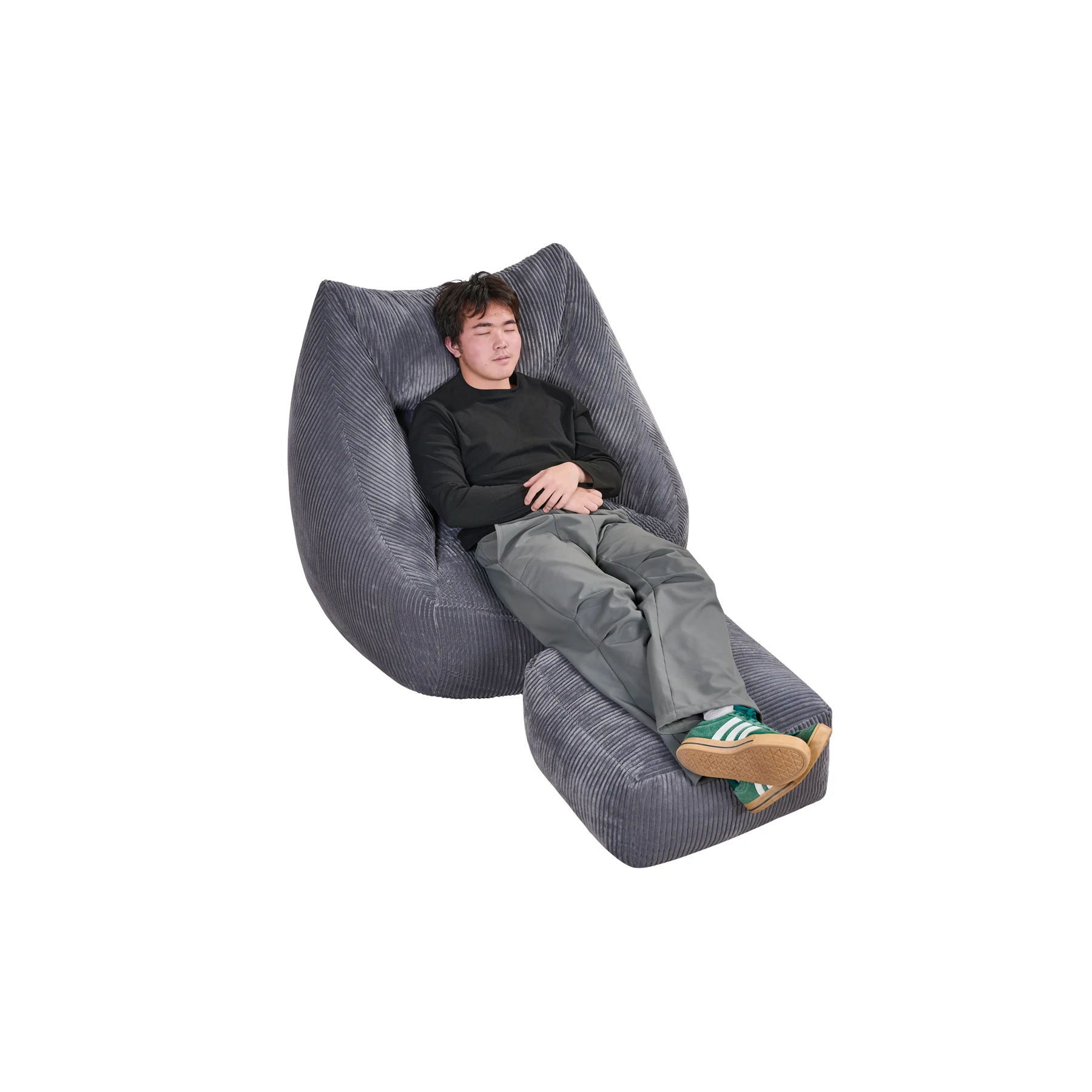 フットスツール付きビーンバッグチェア、チャコールグレー、大人用大型ビーンバッグ(詰め物付属)、快適な椅子、アームチェア、リビングルーム、リビングルーム家具、寝室家具