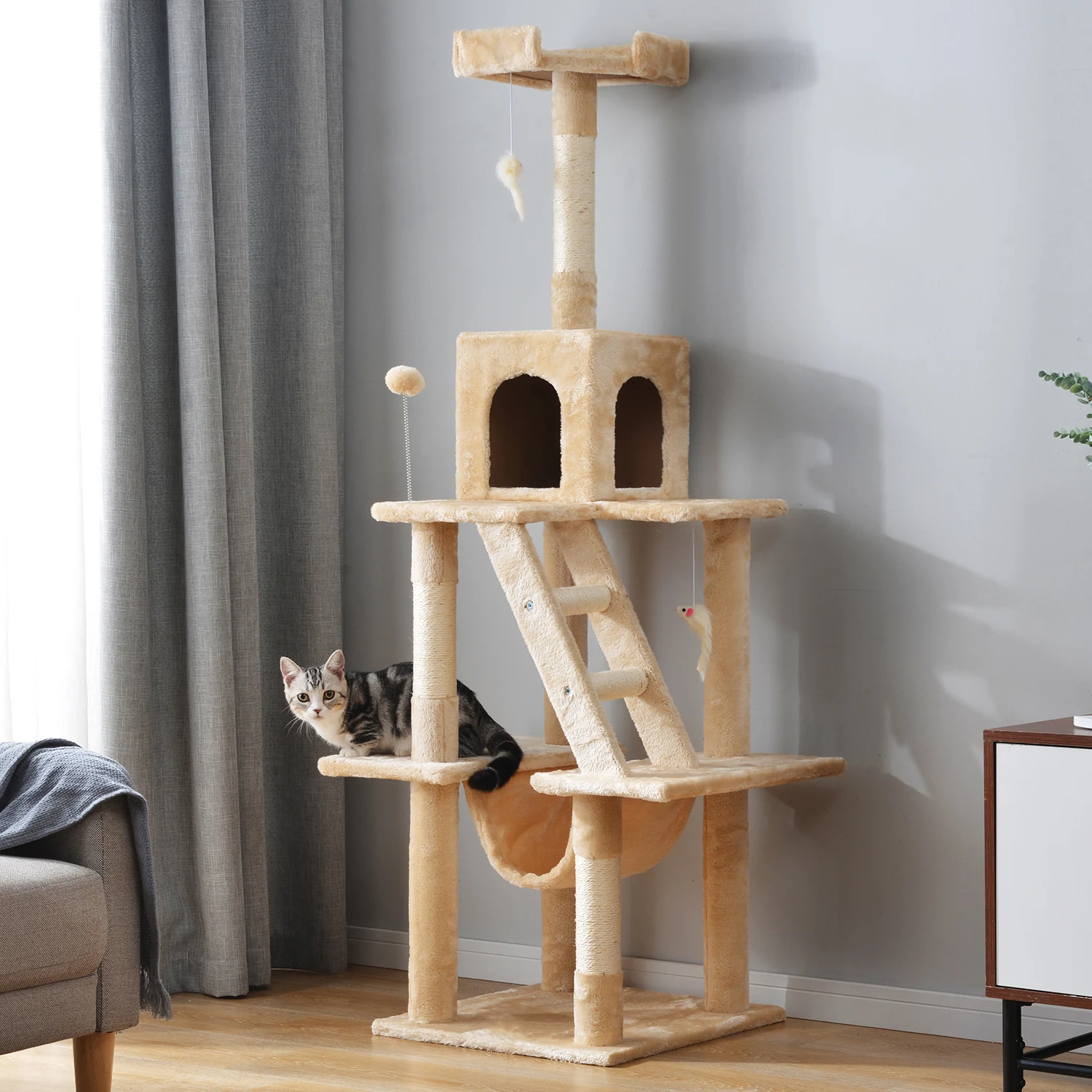 キャットタワー 据え置き 麻紐全高155cm【ベージュ】