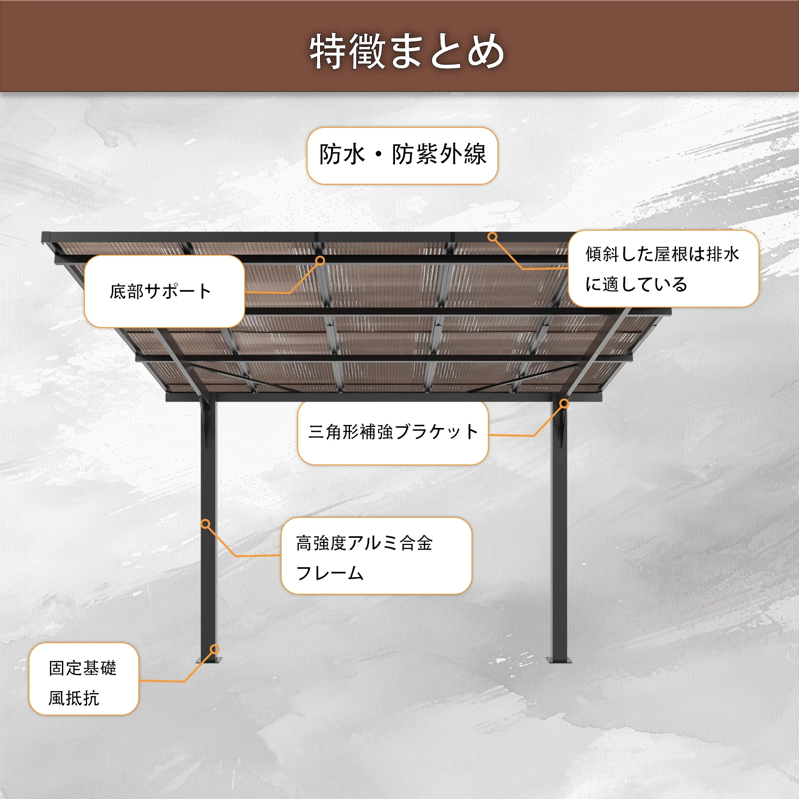 テラス屋根 ベランダ 屋根 ひさし大型 重量型 バルコニー 雨よけ サイクルポート 2本の柱 パーゴラ 幅302*奥行き300*高253 ポリカーボネート 屋根 裏庭とバルコニーに適用 壁面取り付け基準に適合