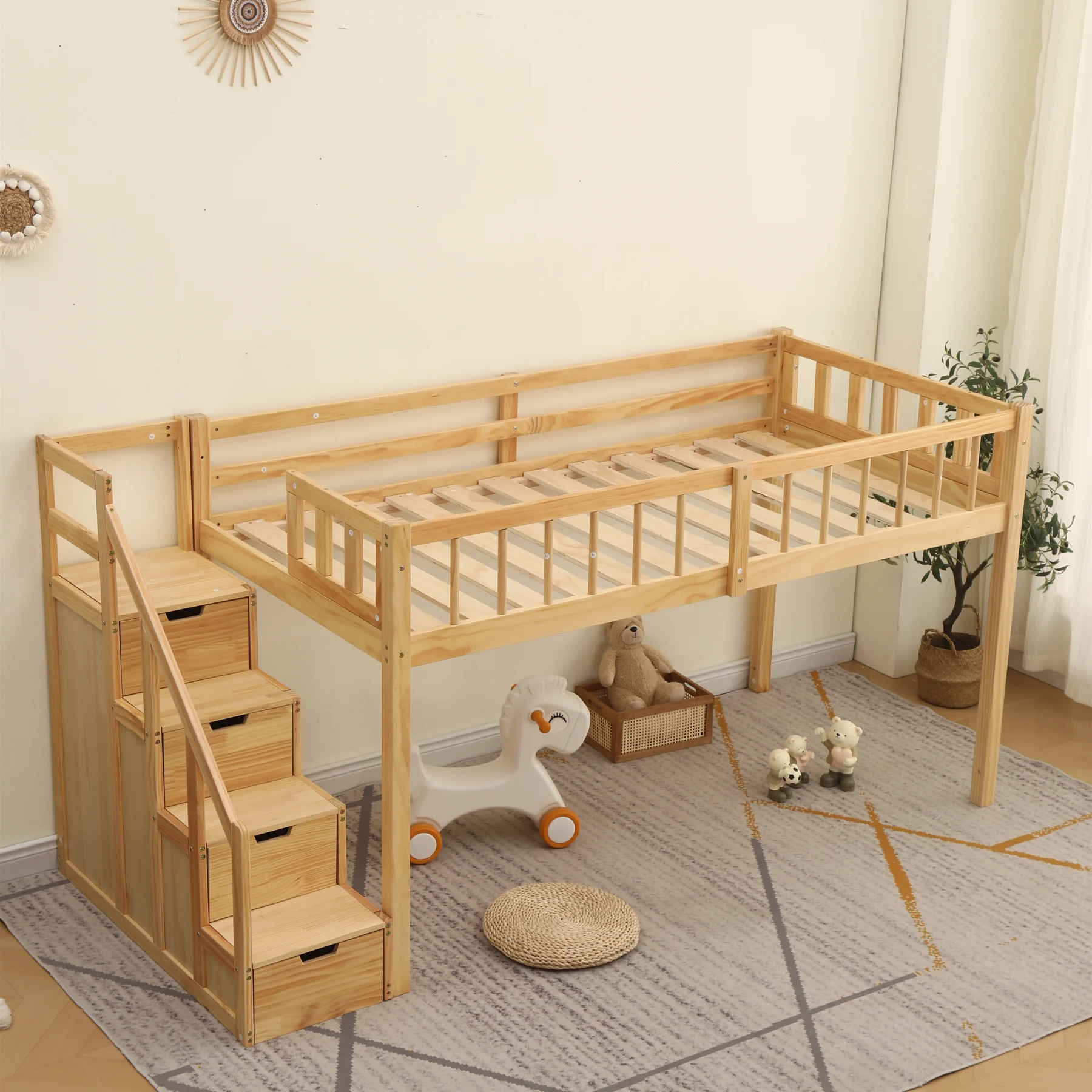 【新作】【ナチュラル】ロフトベッド 木製 ベッド ロフト システムベッド 子供ベッド シングル ロフトベッドロータイプ ウッド 階段 収納 北欧風 子供部屋
