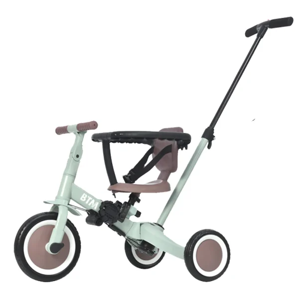 子供用三輪車 5in1 (ミント×ブラウン) 自転車 オリジナル 押し棒付き 安全バー付き キックボード