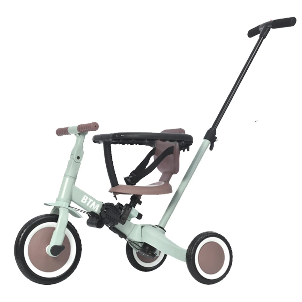 子供用三輪車 5in1 (ミント×ブラウン) 自転車 オリジナル 押し棒付き 安全バー付き キックボード