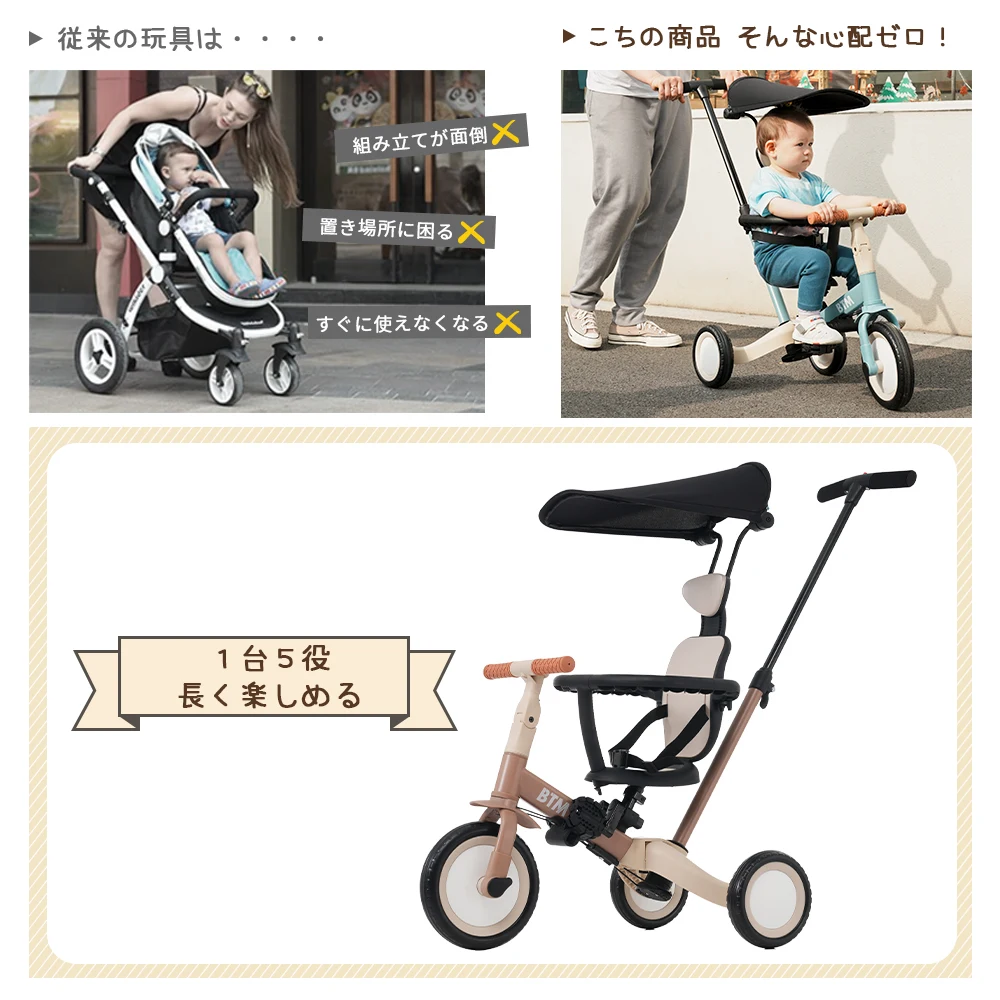 【ブルー】子供用三輪車 5in1 自転車 オリジナル 押し棒付き 安全バー付き サンシェード付き