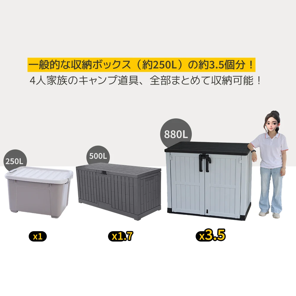 【ブラック+ホワイト】880L 木目調 屋外収納 樹脂製 戸外収納庫 収納ボックス 置き配 ゴミ箱 小型 屋外 ストッカー 防水/耐侯 収納可能 ガーデン/庭/ベランダ 頑丈
