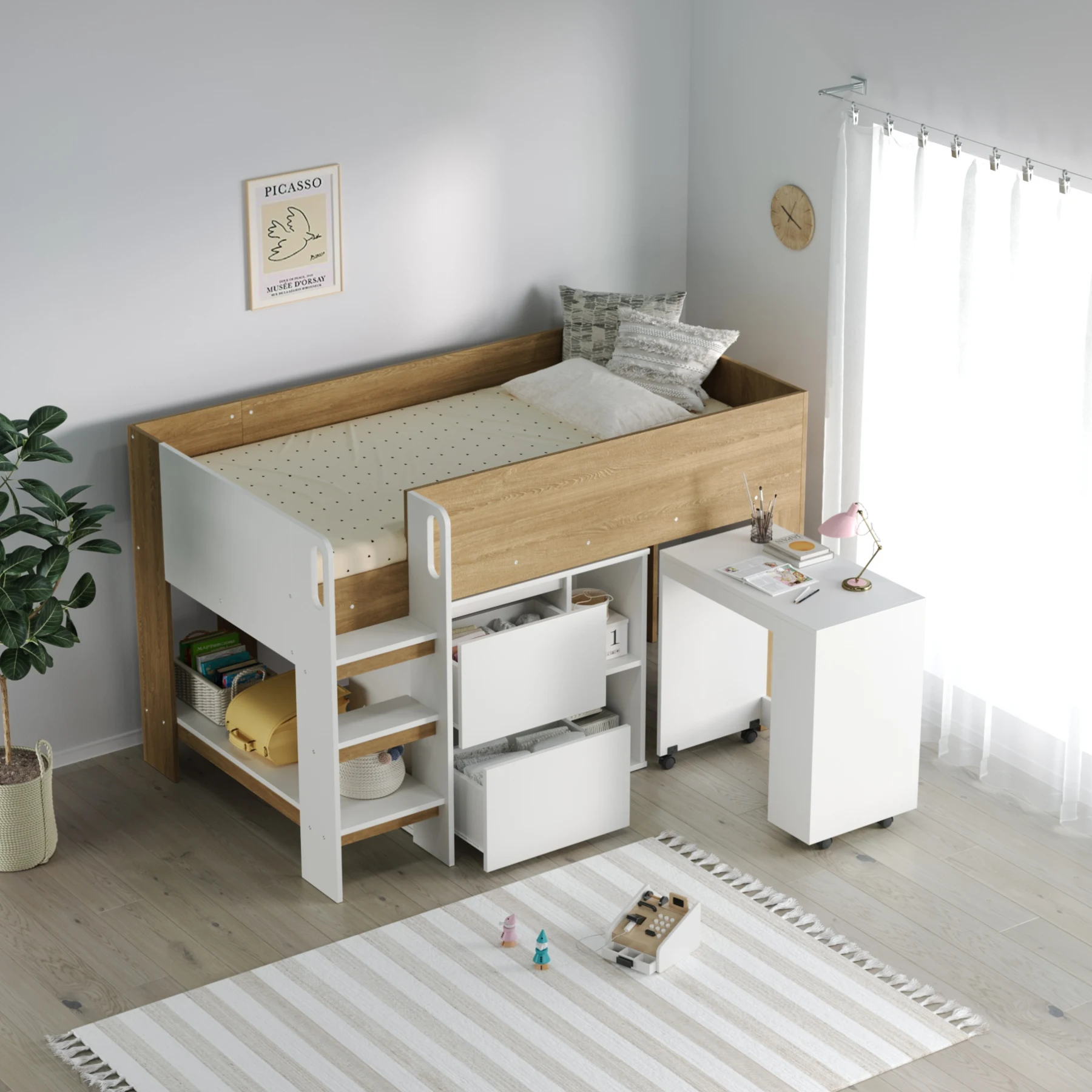 【3梱包】システムベッド 3点セット 分離可能 高さ120cm シングル デスクベッド ロータイプ ハシゴ 学習机 すのこ キャビネット 収納棚 引き出し システムベッドデスク 本棚 収納 ブックシェルフ ロフト ベッドロフトシステムベッド セット 木製ベッド 子供部屋 大人