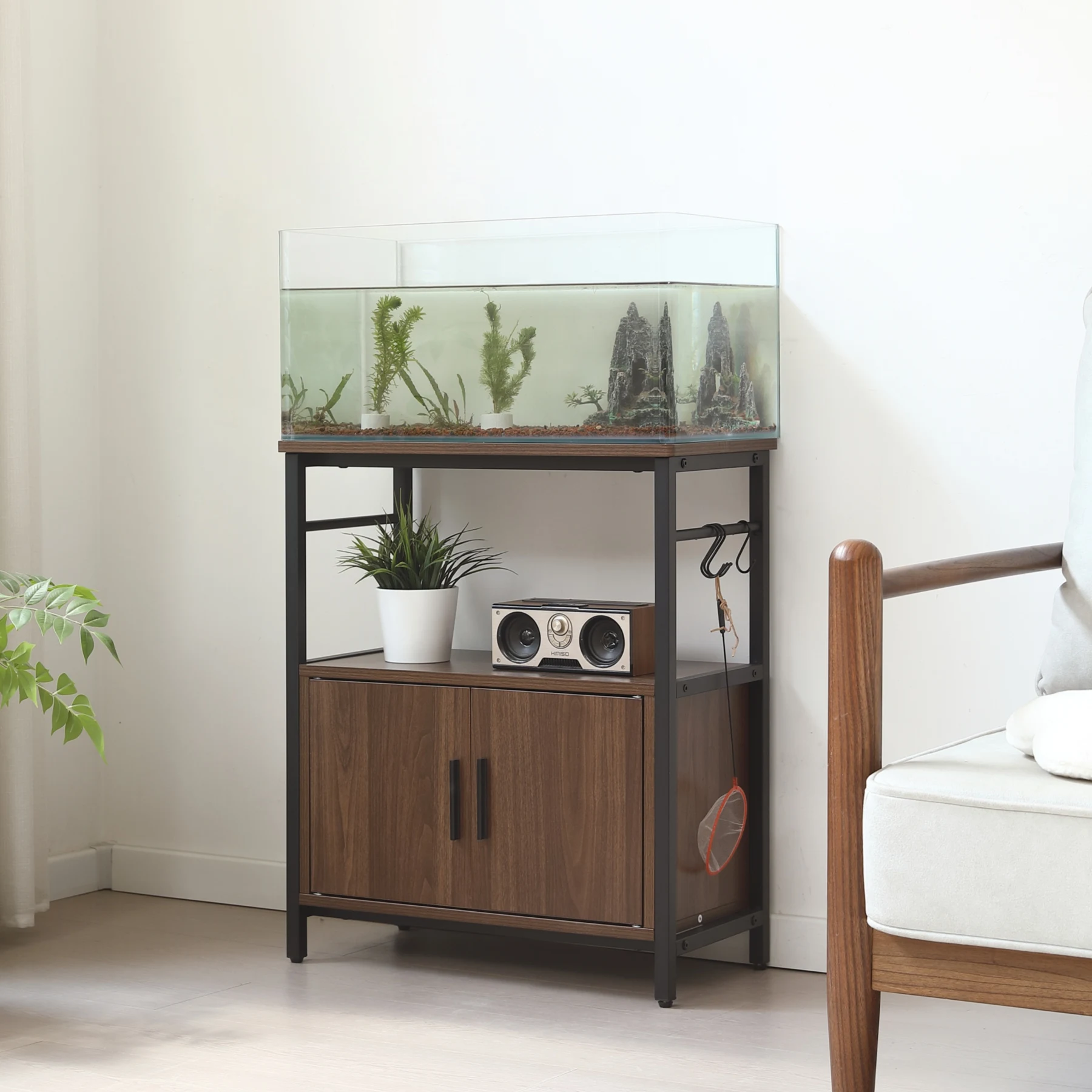 【新カラー】水槽台 水槽スタンド 耐荷重120kg 幅60cm 奥行30cm三段 頑丈フック付き 両開き扉 アジャスター付 収納棚 60cm×30cm