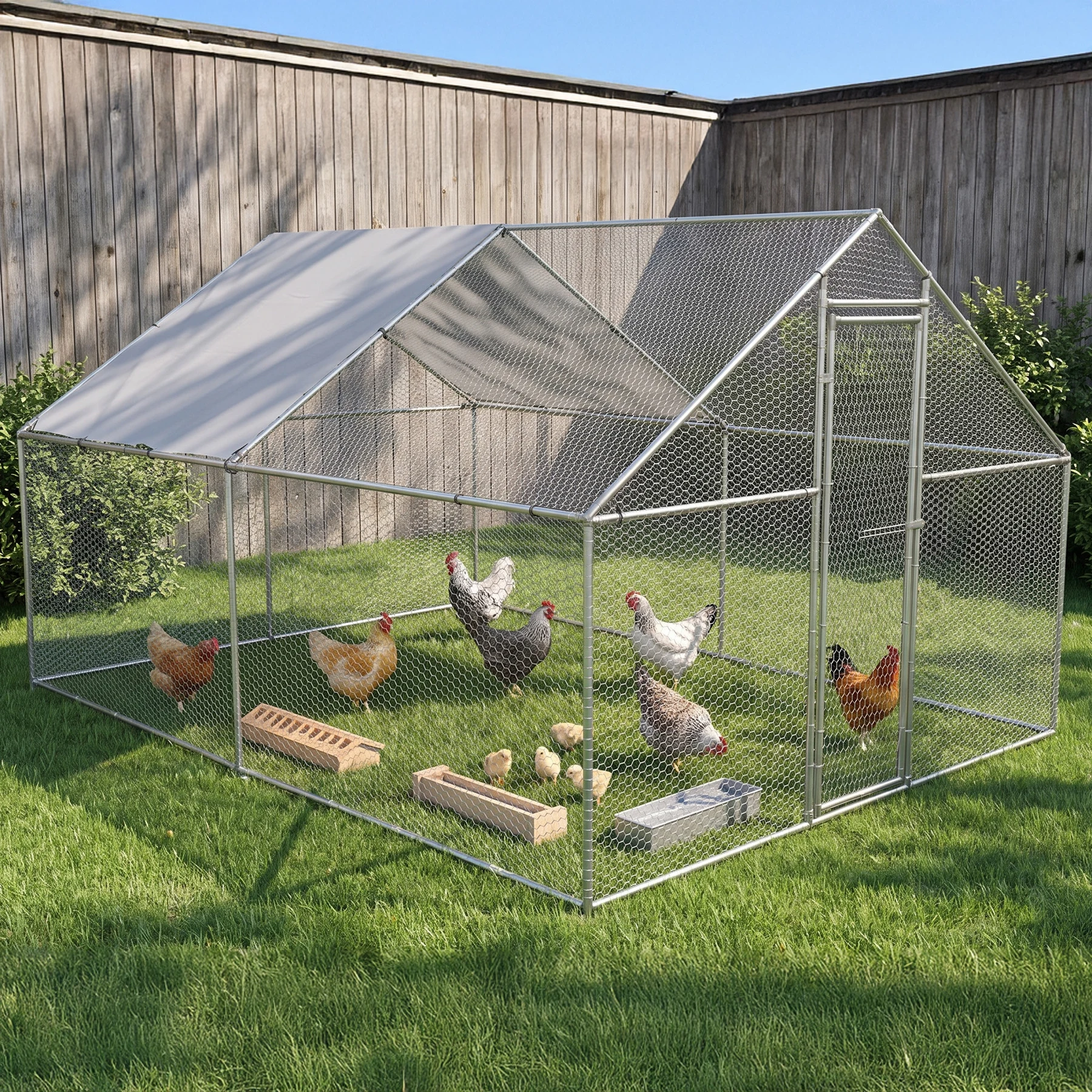 【半分シートデザイン】鶏ケージ 大型ペットケージ 小動物ケージ 40羽用 大型鳥かご 鶏小屋 鶏用ケージ 鶏舎 大容量 うずら 鳩 兎 モルモット フェレット ハリネズミ 飼育小屋 組立簡単【シルバー】