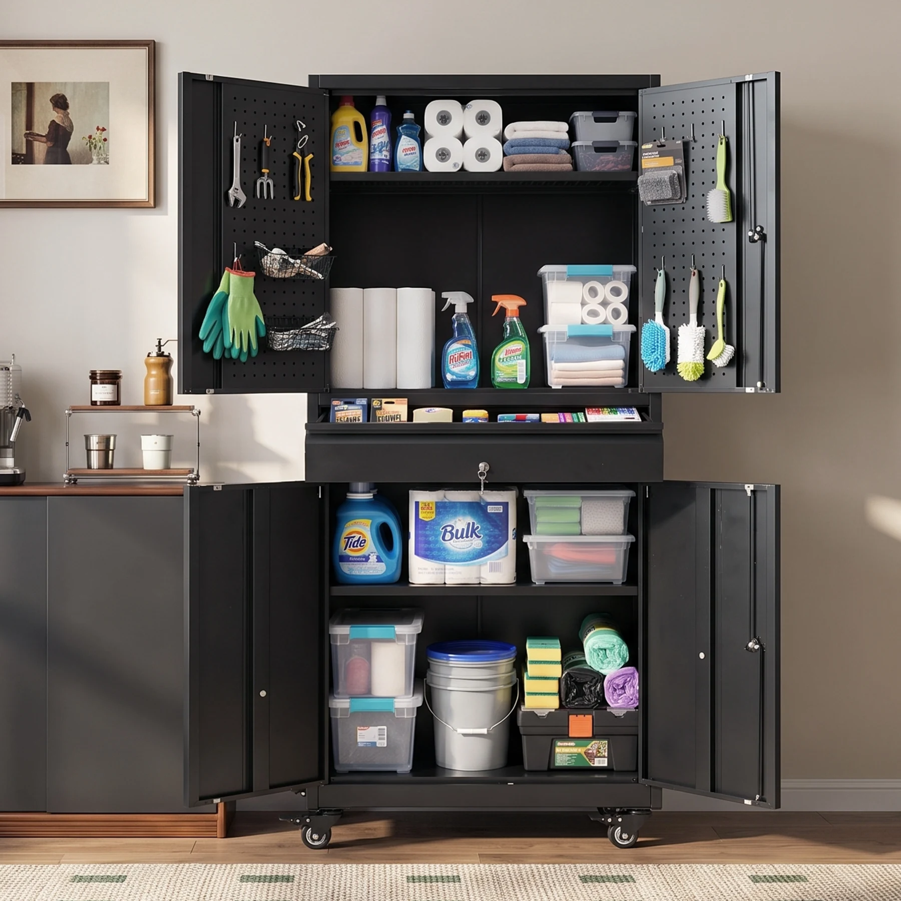ツールキャビネット ロッカー 大型倉庫 ツールワゴン ツールカート 耐荷重150kg W76cm×D38cm×H170cm工具カート ロールキャビネット スチール ローラーキャビネット DIY 有孔ボード付き 鍵付き キャスター付き ロック付き 新作
