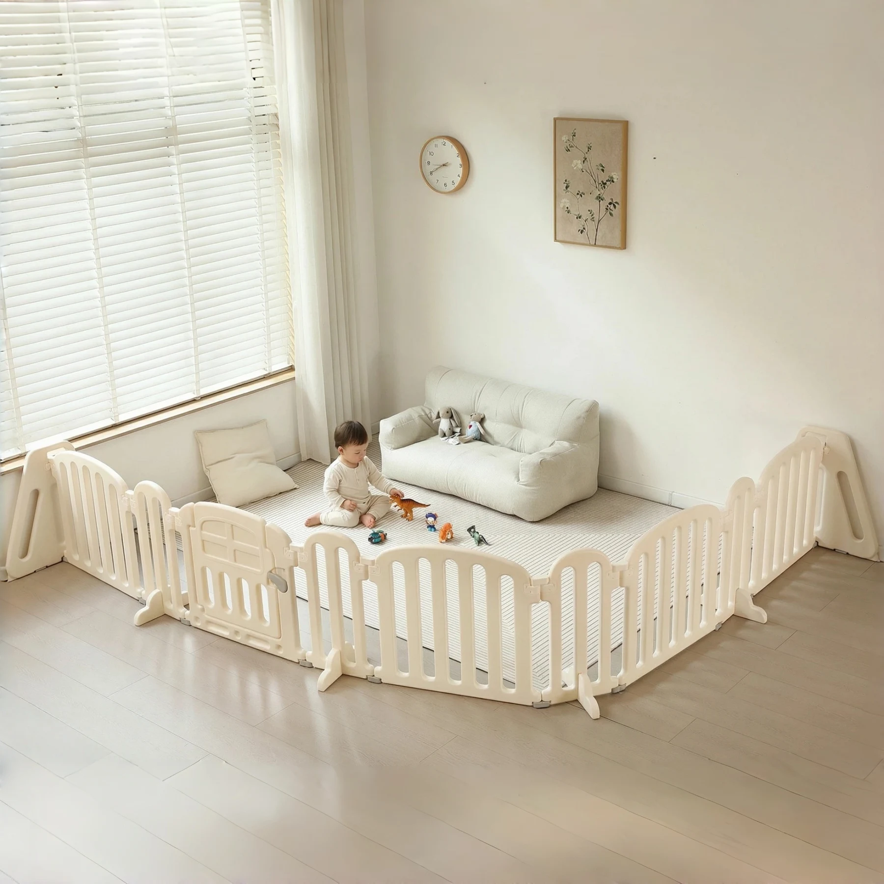 【幅454cm】ベビーサークル ベビーゲート キッズパーテーション 扉付き おくだけ 自立式 安全 倒れない ドアロック 変形可能 ベビーガード アレンジ自由自在 一直線 L字 コ字 簡単設置 リビング 赤ちゃん 仕切り ベビーフェンス テレビガード 育児