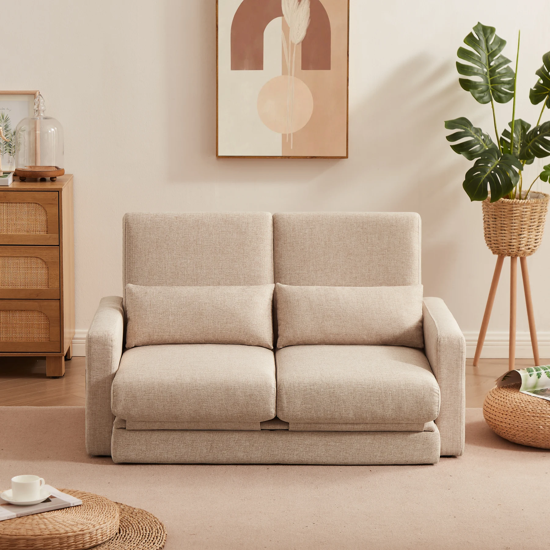 2 seater sofa ソファ 2人掛け 収納付き ファブリック 両側に肘掛け付き 木脚外し可能 ローソファ コンパクト ひとり暮らし カウチソファー