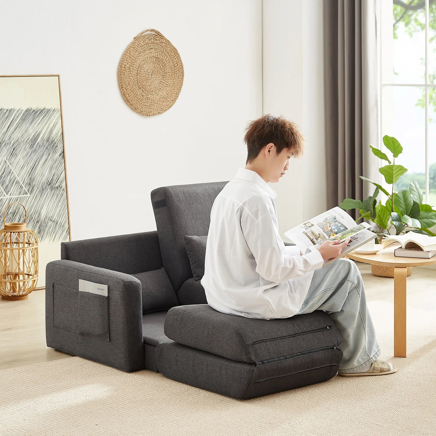 2 seater sofa ソファ 2人掛け 収納付き ファブリック 両側に肘掛け付き 木脚外し可能 ローソファ コンパクト ひとり暮らし カウチソファー