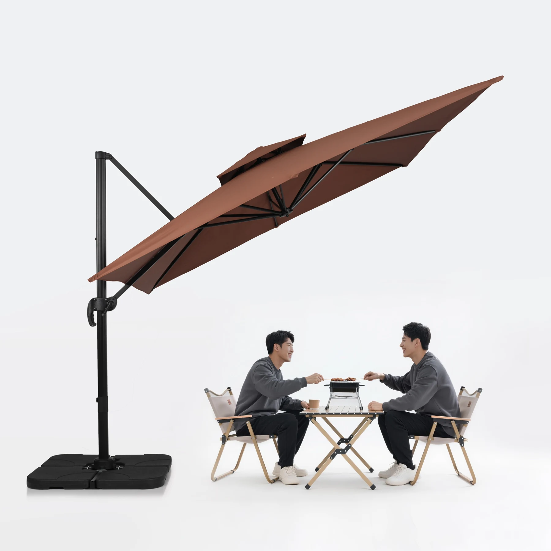 直径300cm 30+UPF紫外線 対策角度調整 2層 アルミ製 専用ベース付き パラソル ガーデンパラソル 長方形 大型 ビーチパラソル ガーデニング 庭 キャンプ 日傘 家庭での使用 商業利用 海辺 プール 海の家【ブラウン】