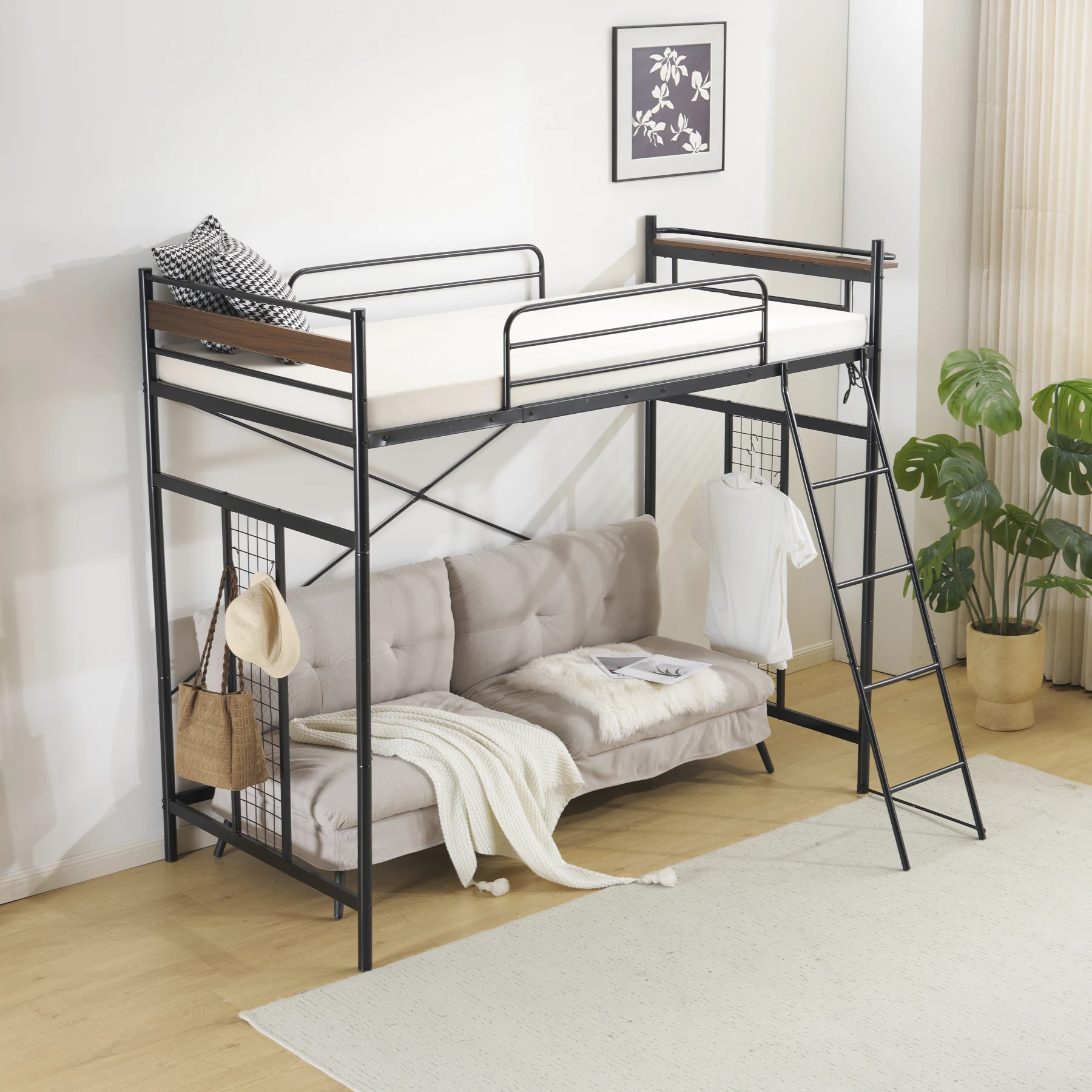 【ホワイト】システムベット 3WAYロフトベッド シングル 収納付き 北欧風 スチール 耐震 コンセント付き メッシュパネル付き 高さ3段階