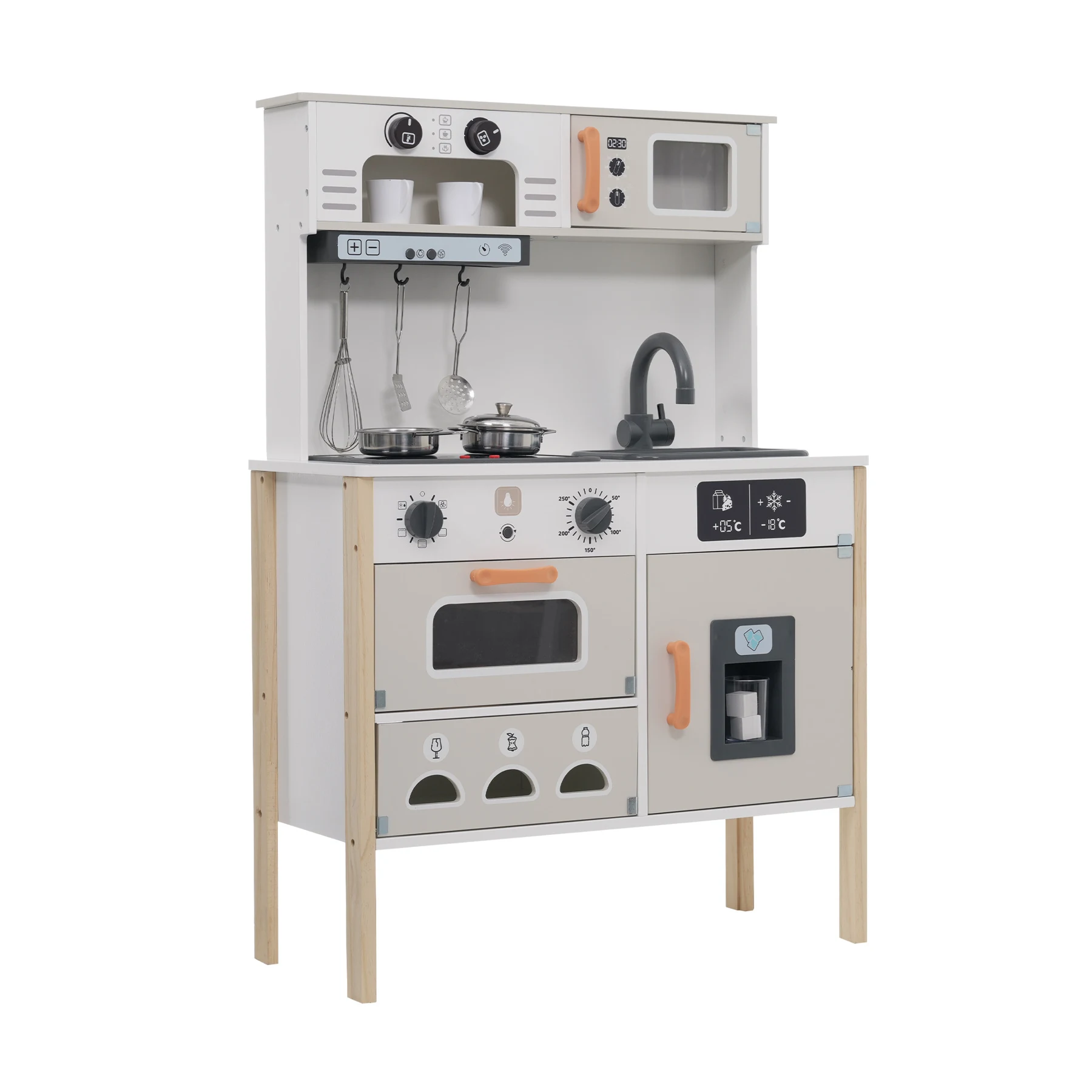 おままごと キッチン 本物みたいピザ付き 泡立て器 木製 コーヒーメーカー 台所 調理器具付き 知育玩具 コンロ 冷蔵庫 製氷機 電子レンジ 家事 おもちゃ キッズ ベビー 誕生日 プレゼント【ホワイト】