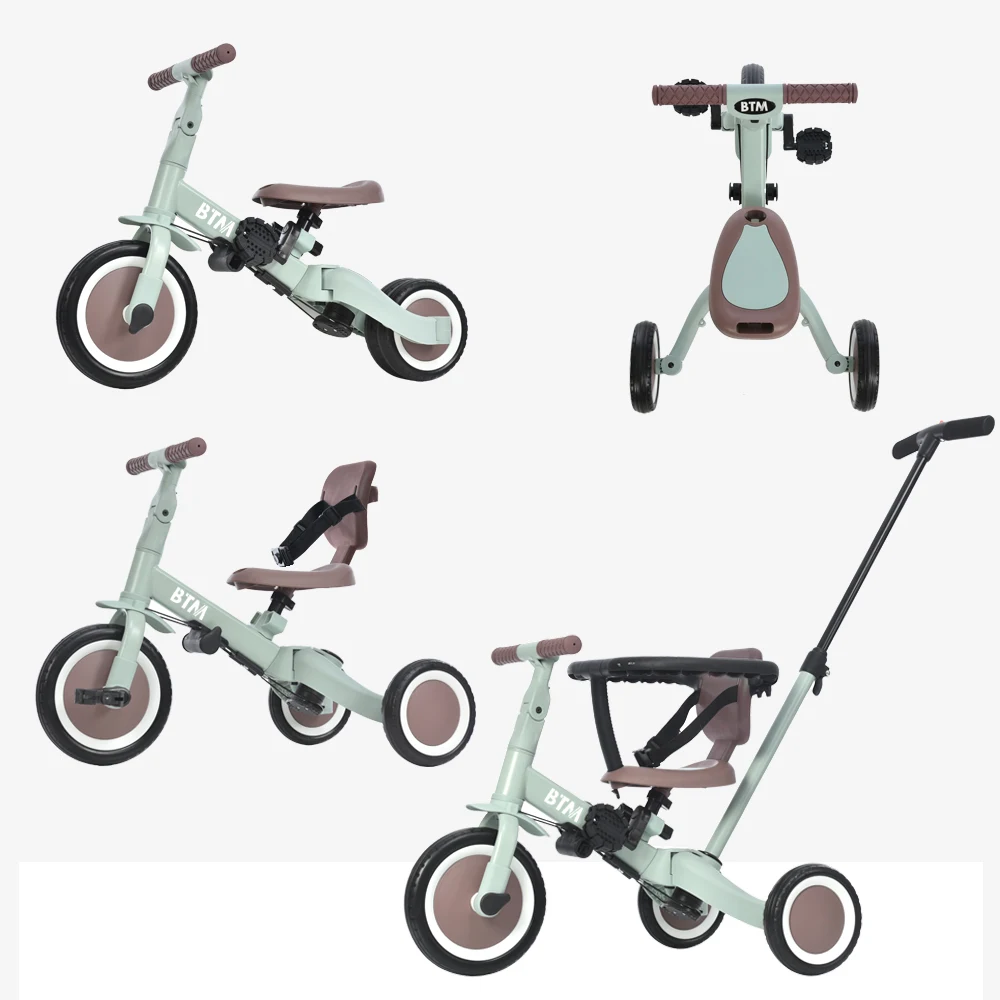 子供用三輪車 5in1 (ミント×ブラウン) 自転車 オリジナル 押し棒付き 安全バー付き キックボード