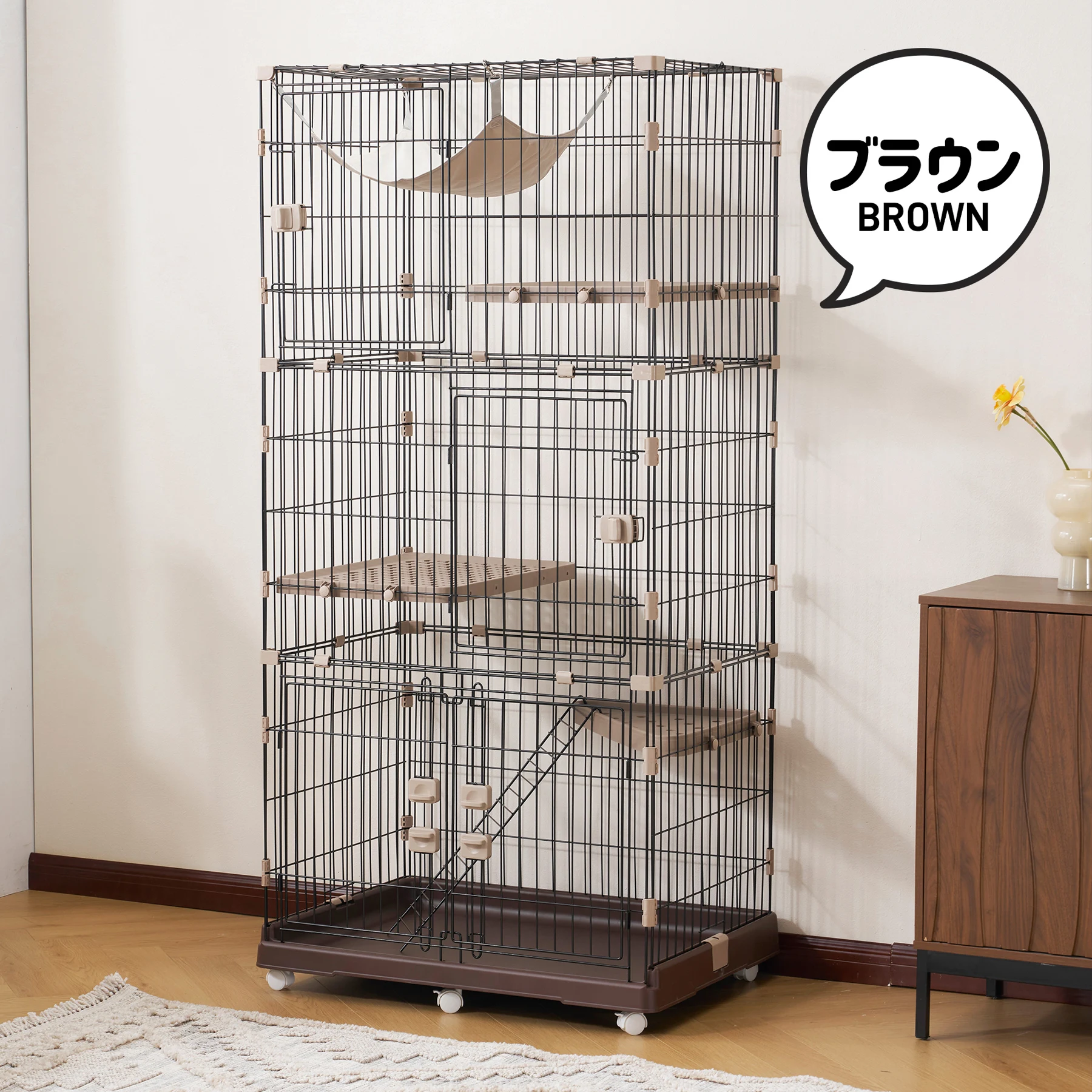 【2025年新仕様】猫 ケージ 収納型 キャットケージ 3段 1段2段可能 キャスター付 キャットハウス 【ブラウン】