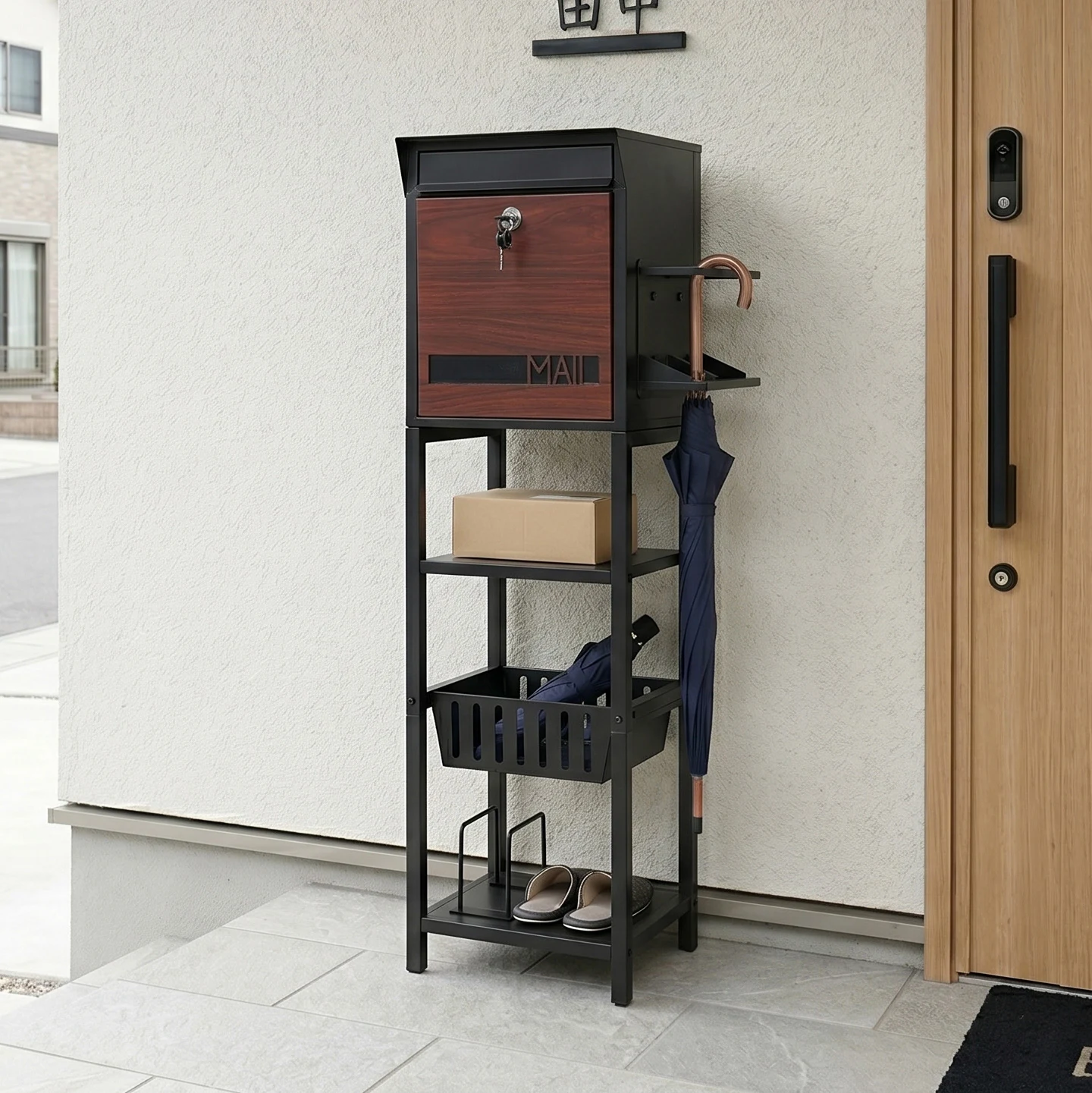 置き型 スタンド かご付きポスト鍵付き 玄関前 収納 スタンドポスト ポスト 北欧 一戸建て用 スタンドポスト メールボックス A4対応 新聞受け 高級 おしゃれ【ブラック×木目】