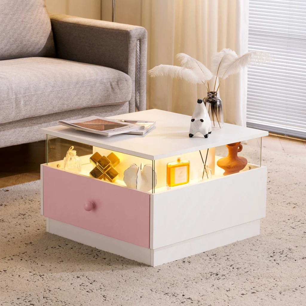 センターテーブル ローテーブル LED発光 LEDライト搭載 透明層 引き出し収納付き 60×60cm コンパクト 3色選択 ピンク ホワイト ブラック おしゃれ 北欧風 リビングテーブル 一人暮らし 小型テーブル 夜間照明 間接照明 インテリア