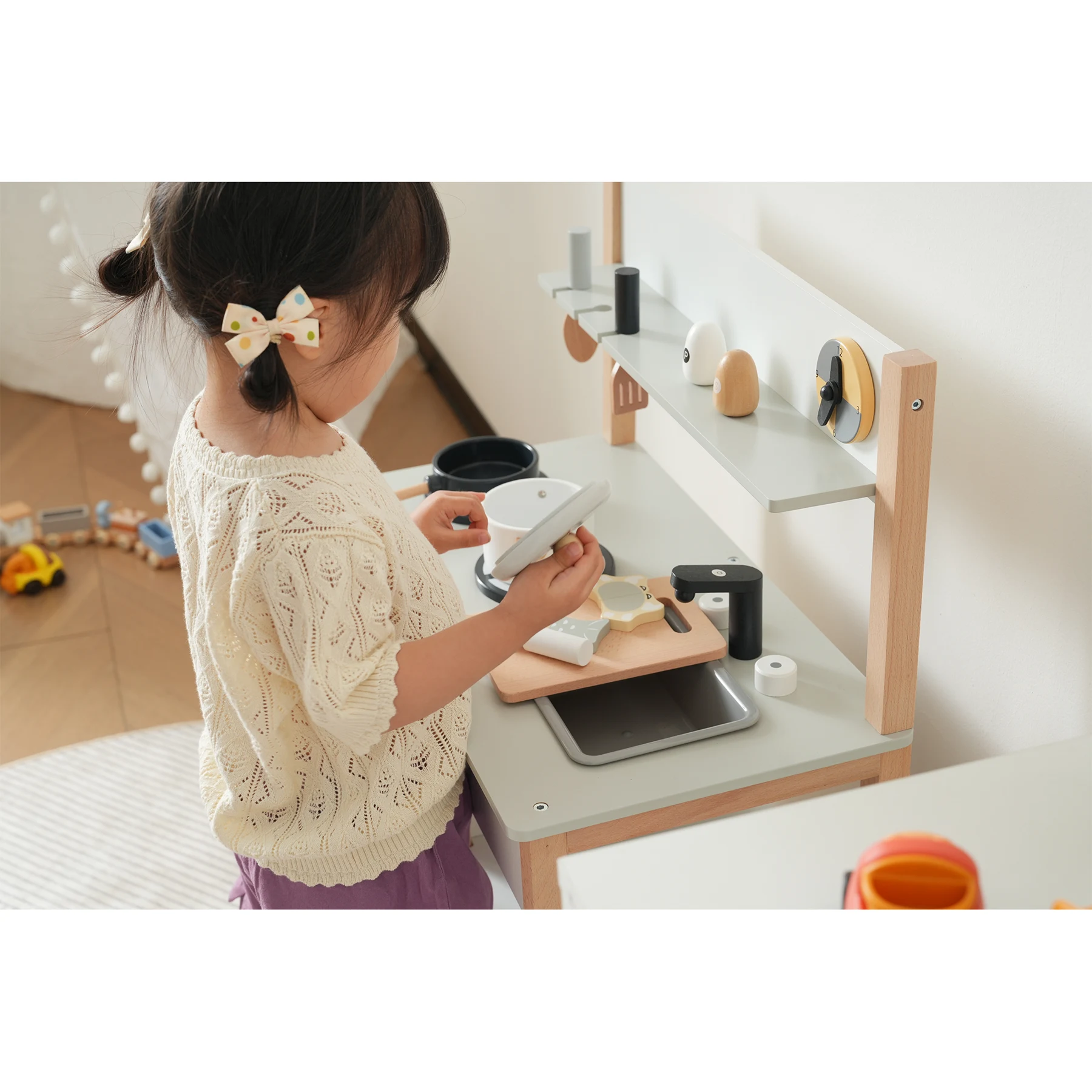 おままごとキッチン 木製 誕生日 台所 調理器具付 食材 知育玩具 コンロ ミニキッチン おもちゃキッチン【ホワイト】