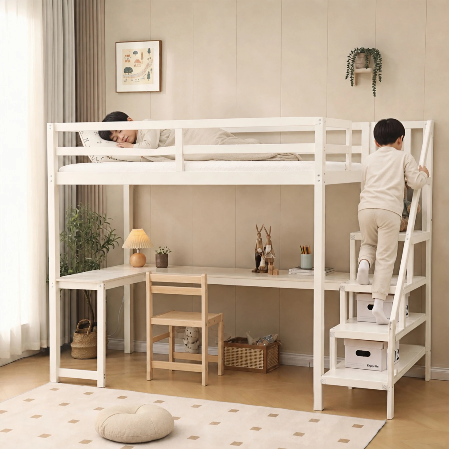 ロフトベッド システムベッド デスク+階段 デスクベッド 学習机 すのこ シングル 収納 子供ベッド 省スペース 耐震 ベッド セット 木製ベッド おしゃれ 天然木 収納スペース 子供部屋 すのこベッド 木製ベッド シングルベッド