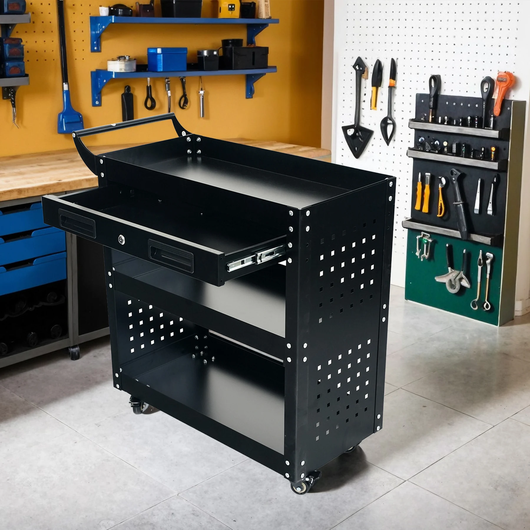 ツールキャビネット ツールワゴン ツールカート工具カート 収納 ロールキャビネット スチール ローラーキャビネットハンドル 耐荷重50KG 幅79*奥行き35*高80 フック付 DIY 引き出し 有孔ボード付き 鍵付き キャスター付き ロック付き 新作