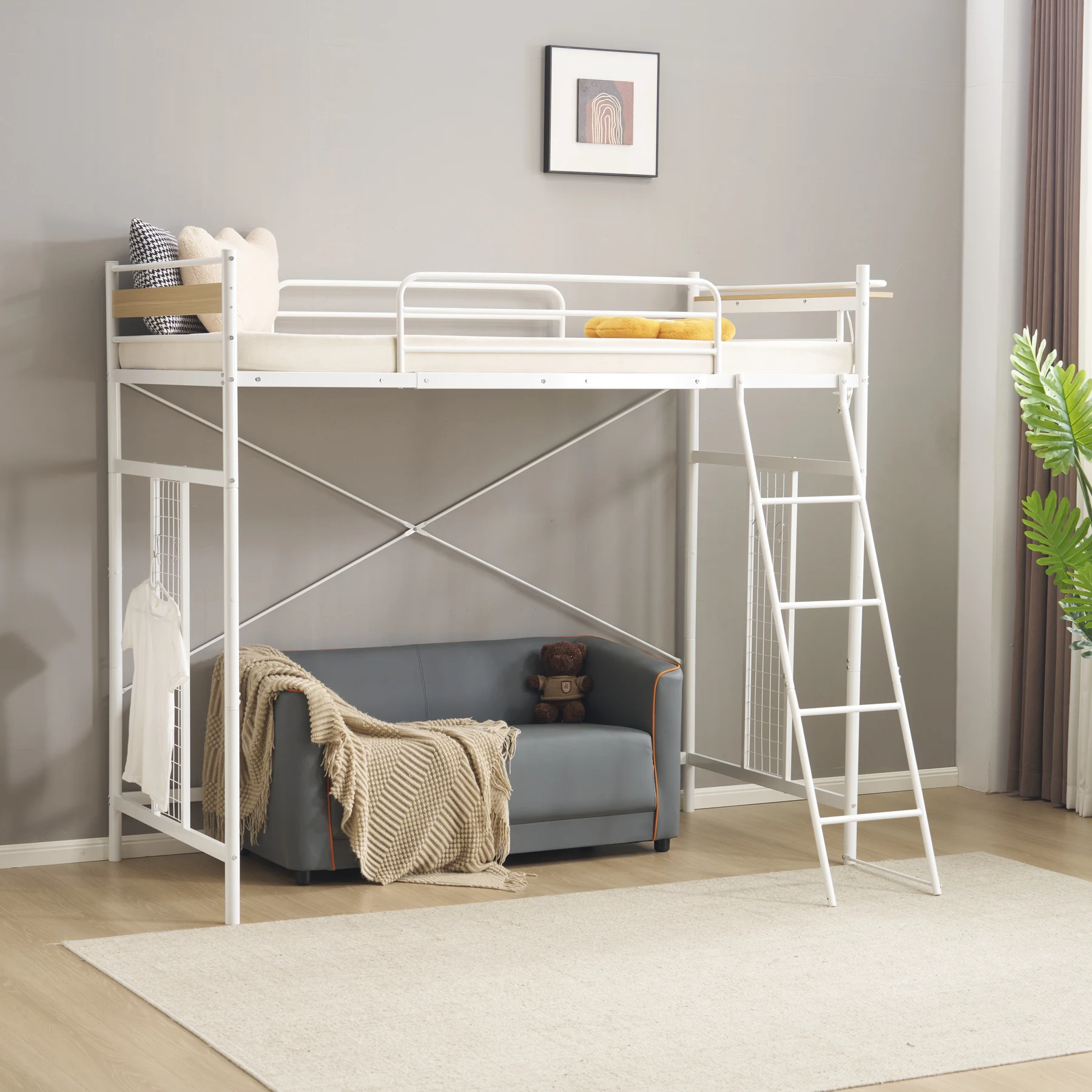 【ホワイト】システムベット 3WAYロフトベッド シングル 収納付き 北欧風 スチール 耐震 コンセント付き メッシュパネル付き 高さ3段階