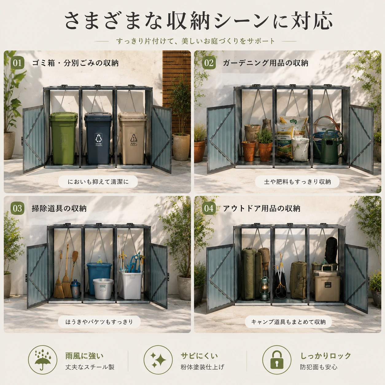 ゴミ収納庫 物置き 戸外収納庫 ゴミストッカー スチール 3分別 ゴミステーション 防さび 防水 施錠可能 ガーデニング 庭