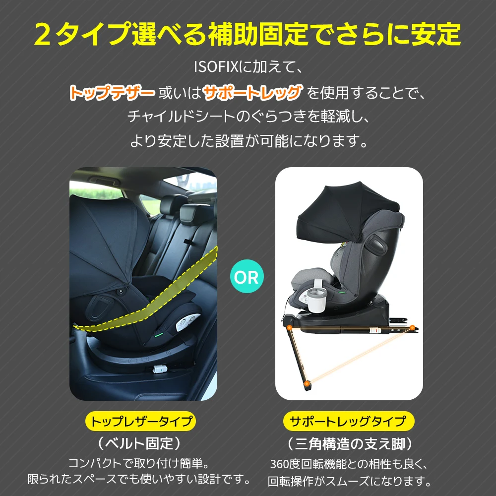 【ドリンクホルダー追加】【サーポットレッグ】チャイルドシート 新生児 ISOFIX 0歳~12歳 360度回転式 40~150cm ジュニアシート 調節可能 洗える 超広いキャノピー付き ベビーシート 出産祝い 車【ブラック+ダークグレー】