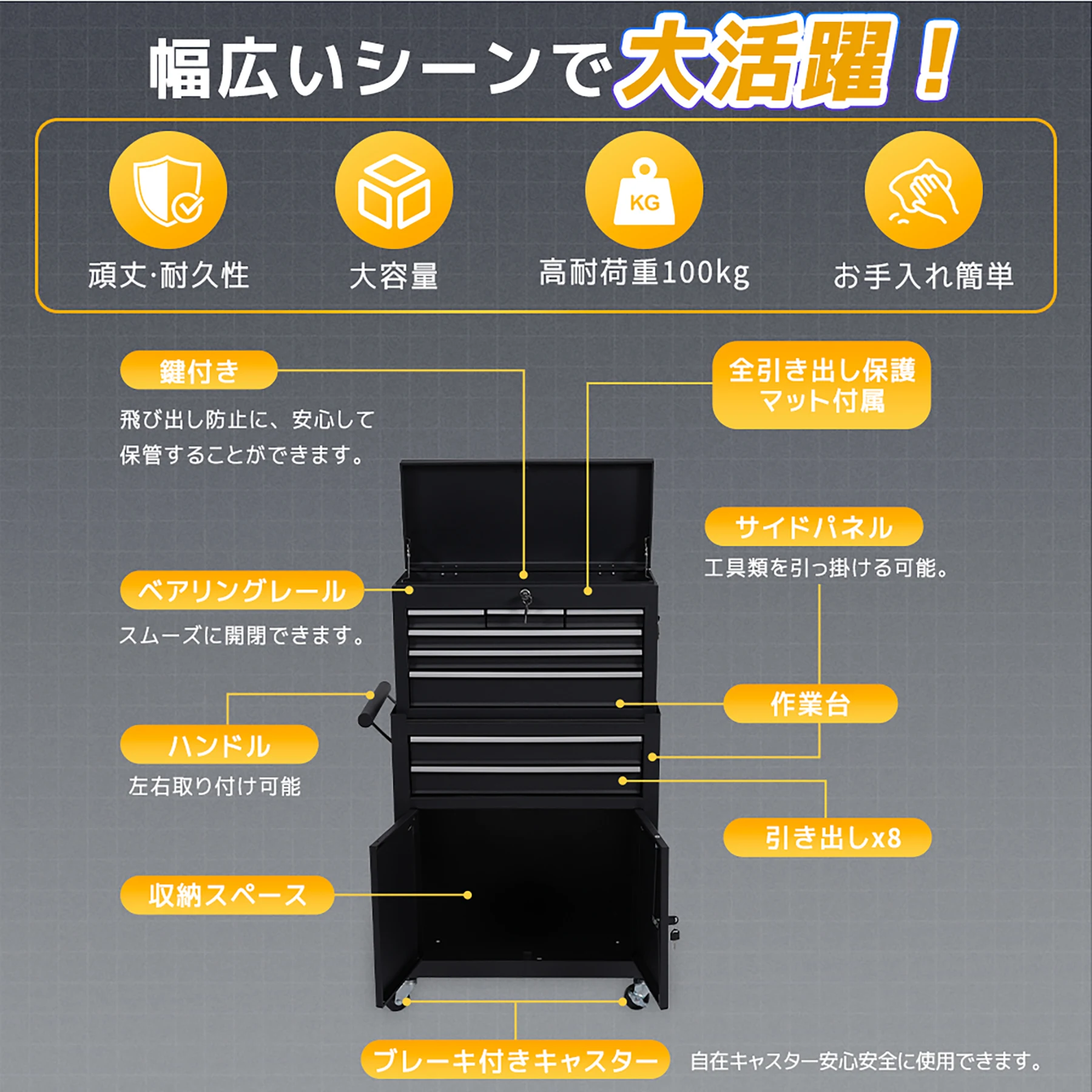 3WAY 分割可能 ツールキャビネット ツールワゴン ツールカート工具カートロールキャビネット スチール ローラーキャビネットハンドル 耐荷重100KG DIY 8段引き出し 有孔ボード付き 鍵付き キャスター付き ロック付き