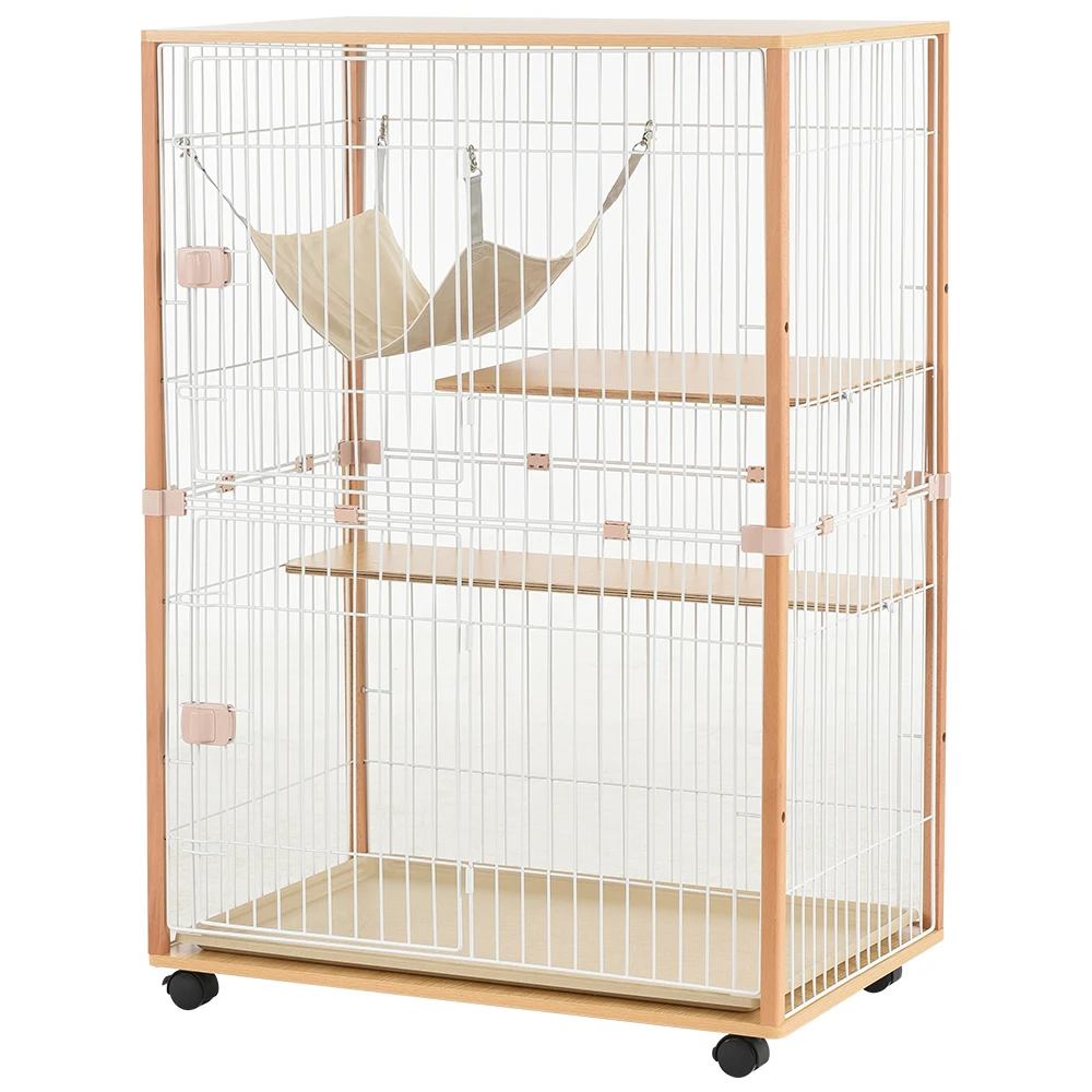 猫 キャットケージ ケージ 木製 キャットハウス ネコ ハウス 留守番 保護 脱走防止 多頭飼い 多頭 スチール 二段 (ナチュラル)