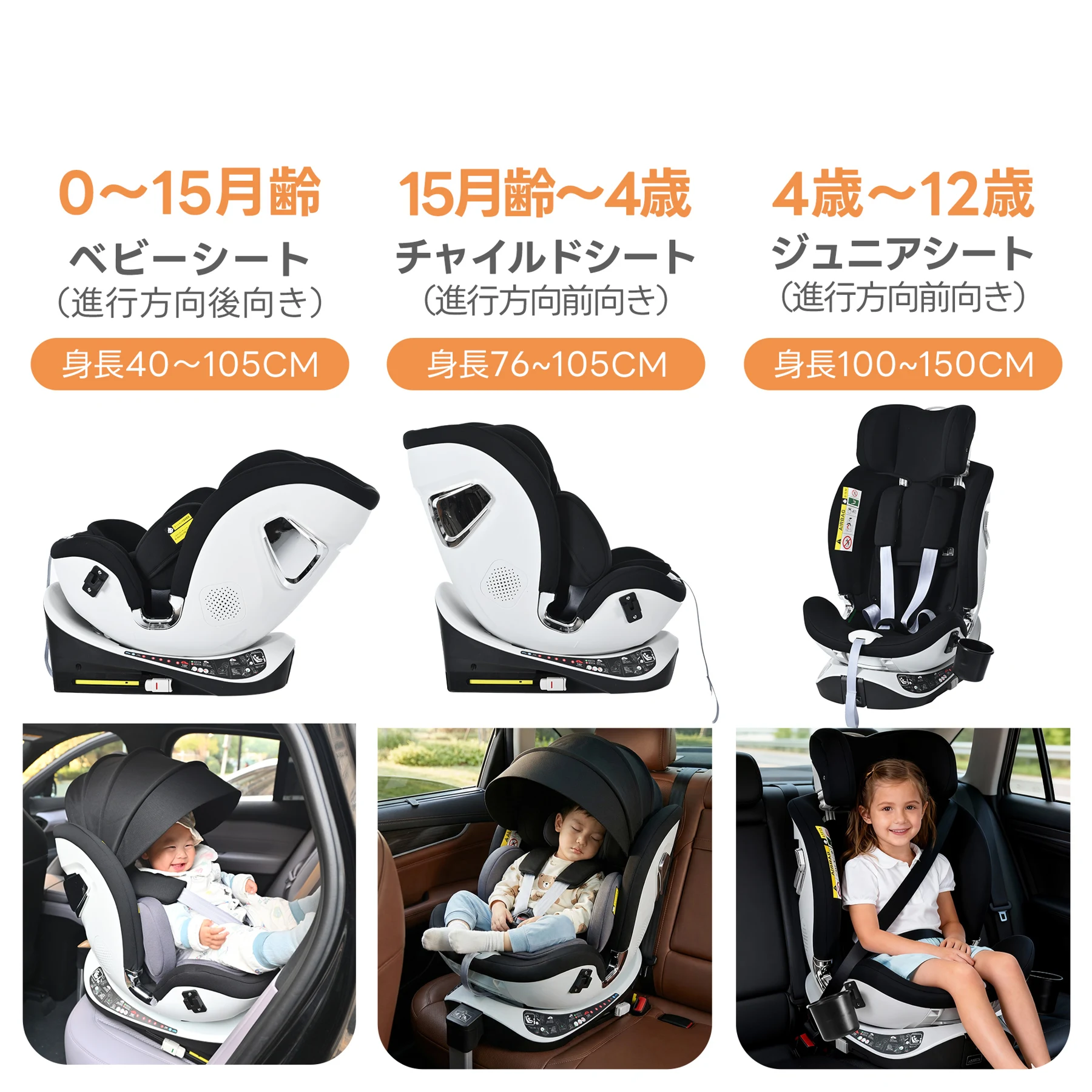 【サポートレッグ】【片手で回転】 新安全基準R129適合 チャイルドシート ISOFIX 360度回転 0-12歳頃 40~150cm キャノピー付き ジュニアシート 長く使える 洗える 取付簡単 キッズシート ベビーシート 出産祝い【グレー】