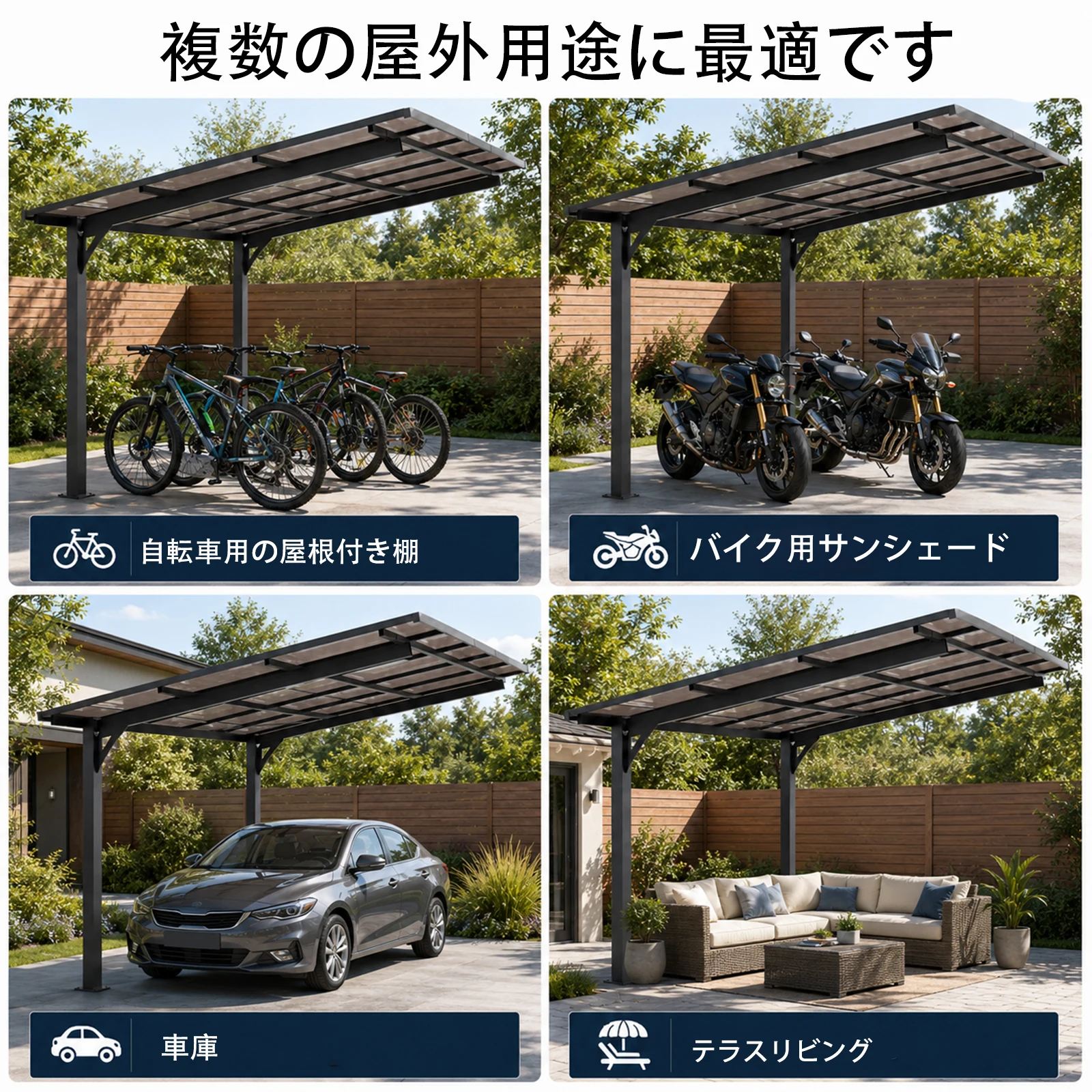 テラス屋根 ベランダ 屋根 ひさし大型 重量型 バルコニー 雨よけ サイクルポート 2本の柱 パーゴラ 幅302*奥行き300*高253 ポリカーボネート 屋根 裏庭とバルコニーに適用 壁面取り付け基準に適合