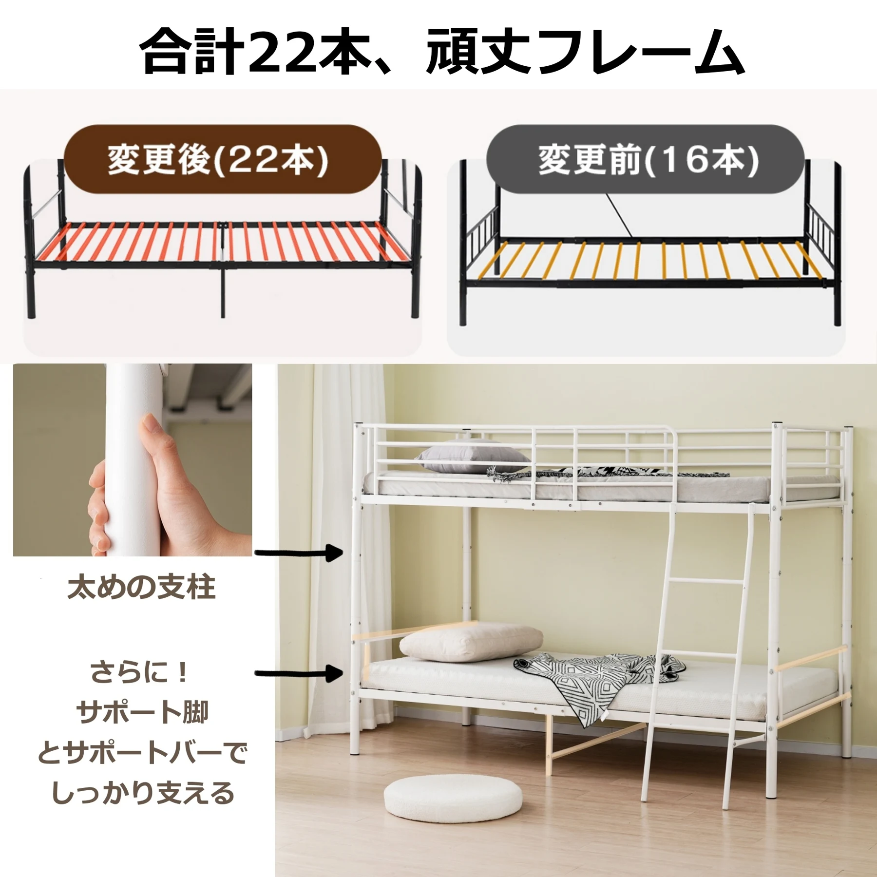 二段ベッド ヨーロッパ安全基準EN747認証獲得済 ロフトベッド シングルベッド パイプ 耐震 頑丈フレーム 大人ベッド 子供部屋 社員寮 学生寮 耐荷重150kg ミドルタイプ 高さ150cm 【ブラック】