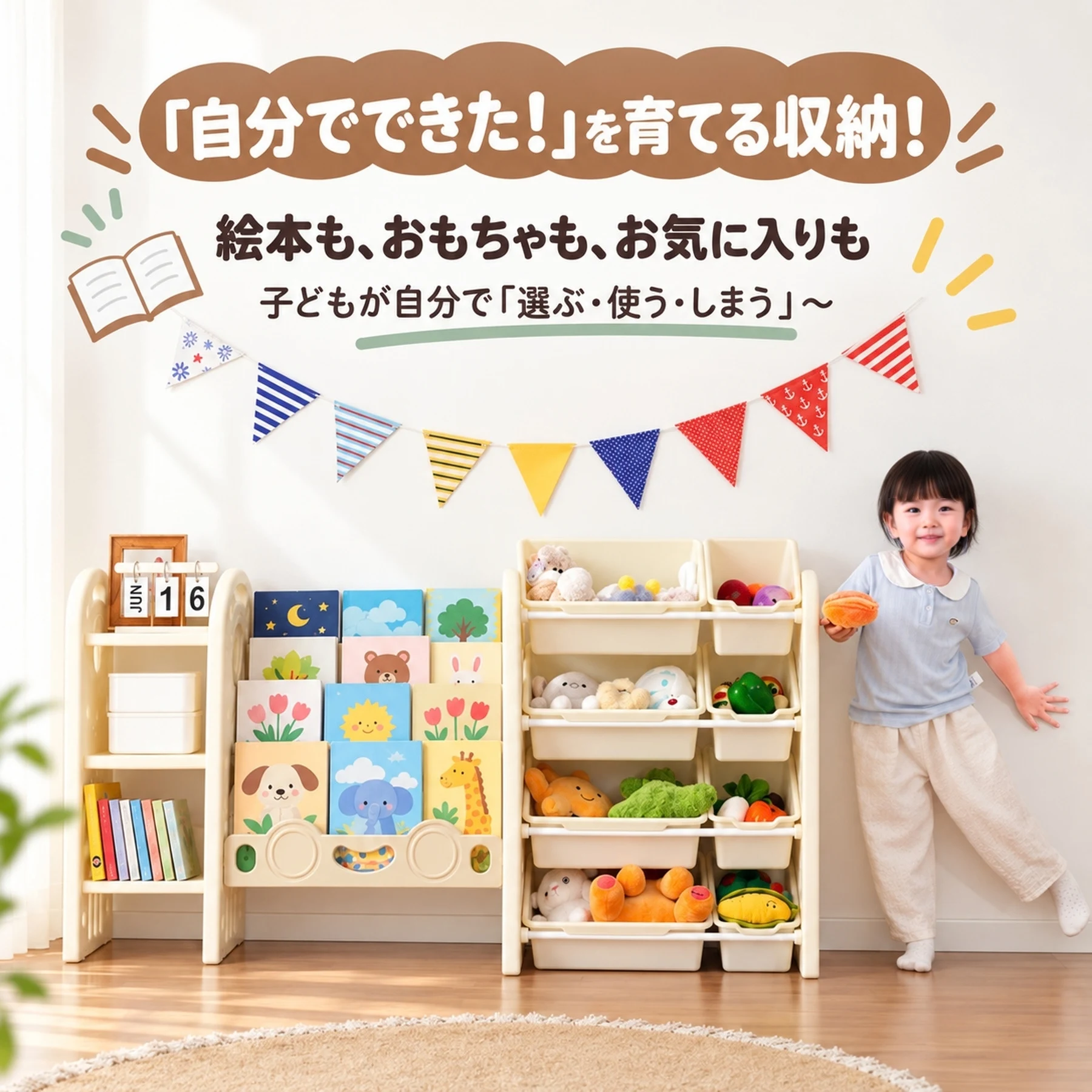 絵本棚 おもちゃ 収納 ラック 4段 棚 おもちゃ箱 収納ボックス 4段ラック 本棚 大容量 かわいい おしゃれ ワイドタイプ 組立カンタン オモチャ 収納家具 お手入れ簡単 子供部屋 子ども こども グレー 出産祝い プレゼント