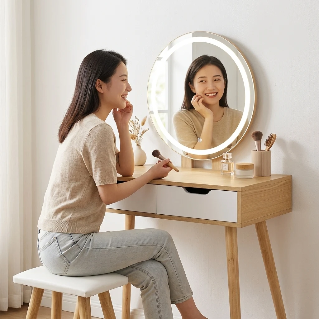 ドレッサー 丸型ミラー直径52cm 3色LED 明るさ無段階調整可能 引き出し2つ スツール付き 広々天板 PUレザー座面 天然木脚 たっぷり収納 コンパクト 省スペース 北欧風 おしゃれ 鏡台 化粧台【ナチュラル×ホワイト】