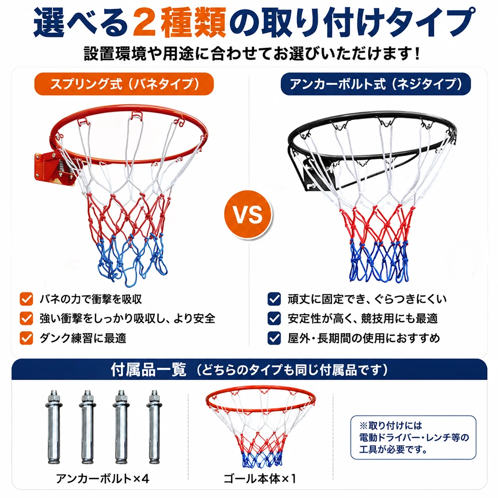 バスケット ゴール セット バスケットリング 鉄製 壁掛け 壁設置 公式試合サイズ 家庭用 屋内&屋外 内径45cm ゴールネット付き 耐久性のある鋼板構造 錆止め 取り外し可能 (ブラック(スプリング))