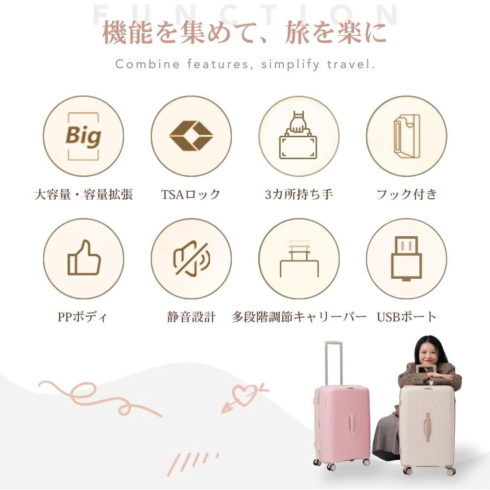 スーツケース Mサイズ 容量拡張 キャリーケース 軽量 USBポート TSAロック ダブルキャスター 修学旅行 かわいい 中型 4~7日 中学生 大容量 海外旅行