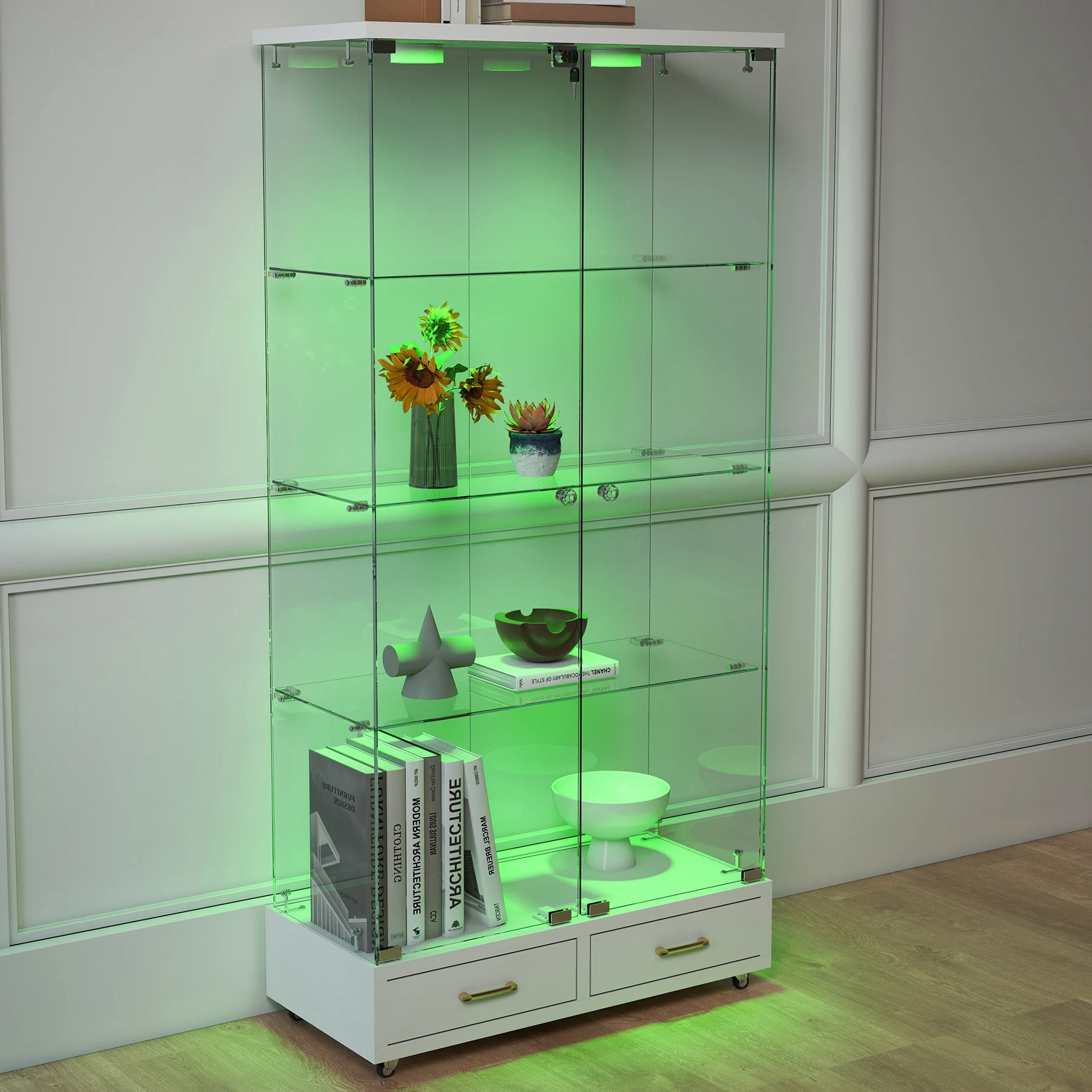 LED照明・引き出し付き ガラス収納キャビネット|ロック付き強化ガラス 4段 展示ケース|リビング・寝室用 両開きドア ホワイト